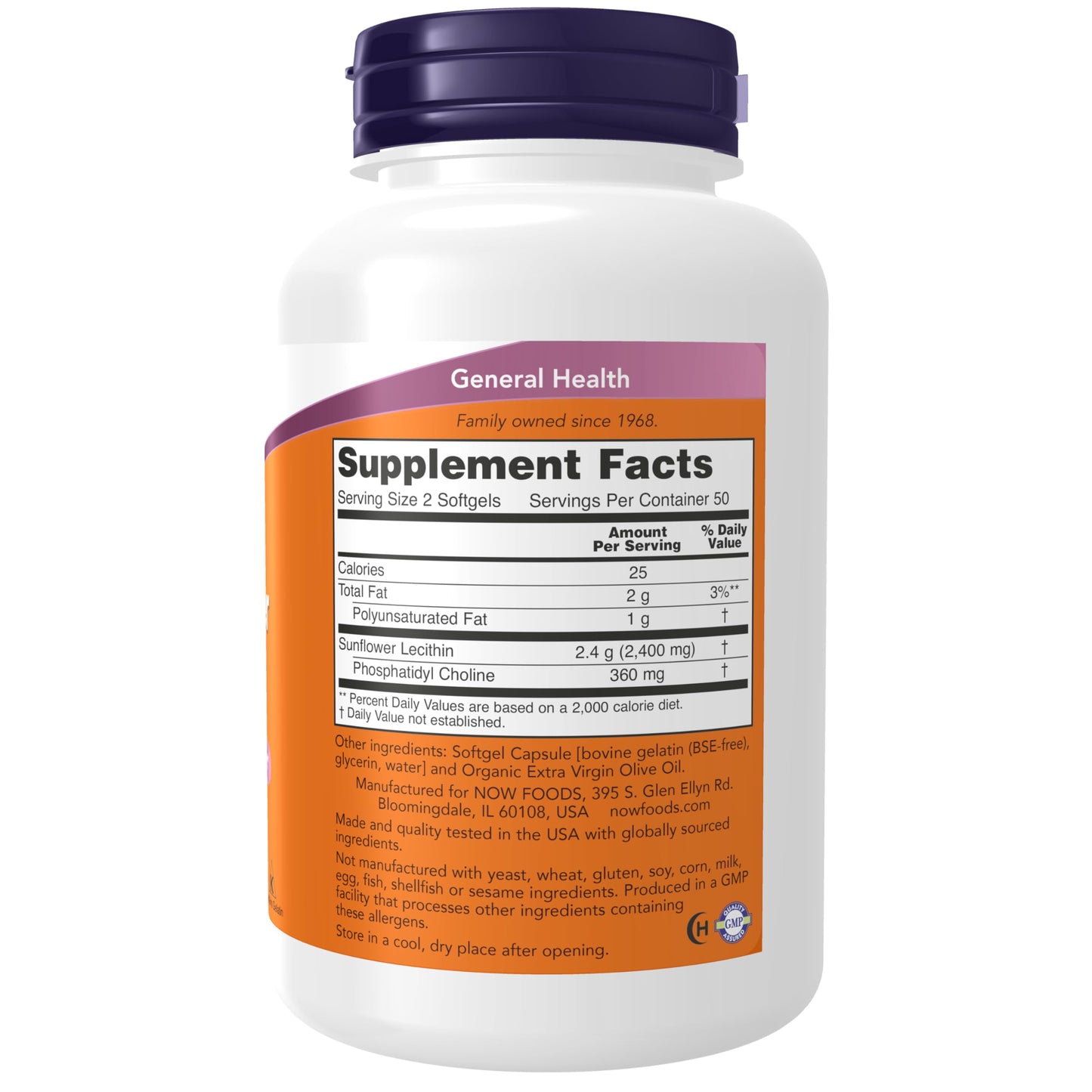 NOW Foods Sunflower Lecithin 1200 mg with Phosphatidyl Choline Softgels, 100 Count