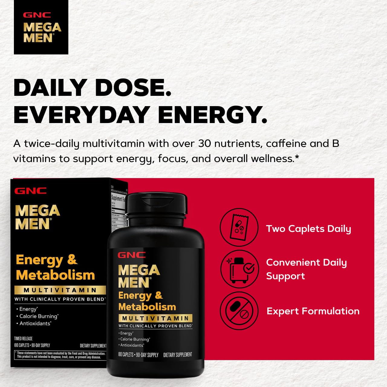 GNC Mega Men Energy & Metabolism Multivitamin for Men Caplets 180 Count