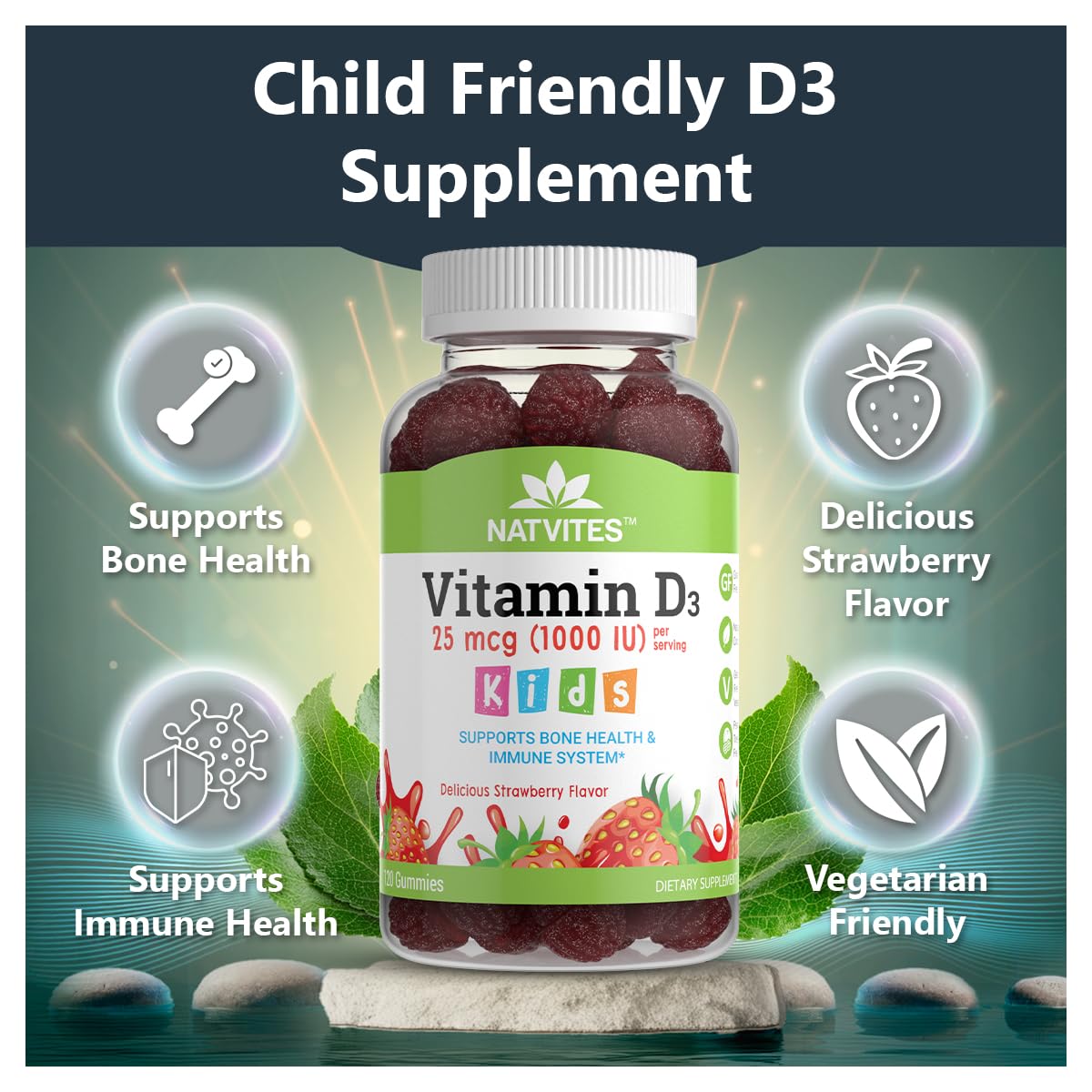 Natvites Vitamin D3 Gummies for Kids - 1000 IU - Pectin Gummy - Strawberry Flavored - 120 Count