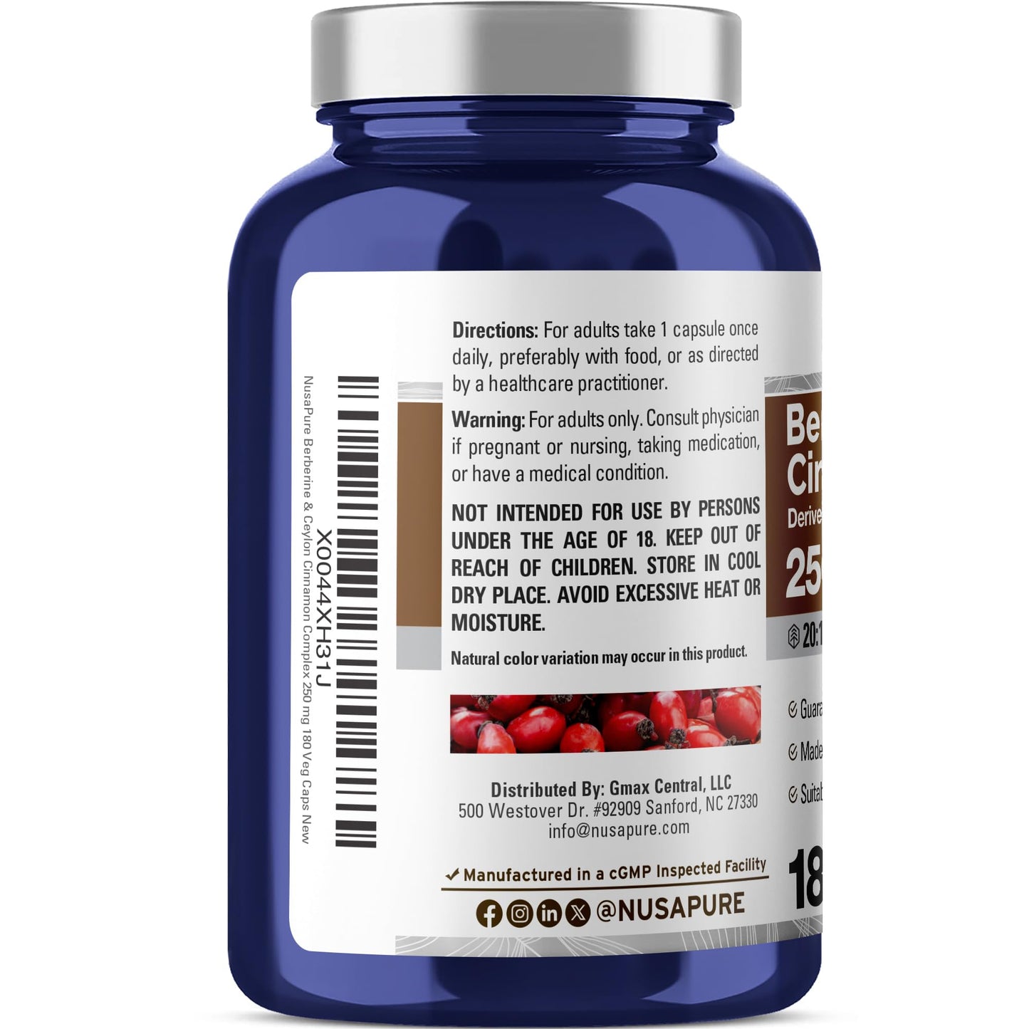 NusaPure Berberine with Ceylon Cinnamon 250 mg Veg Capsules, 180 Count