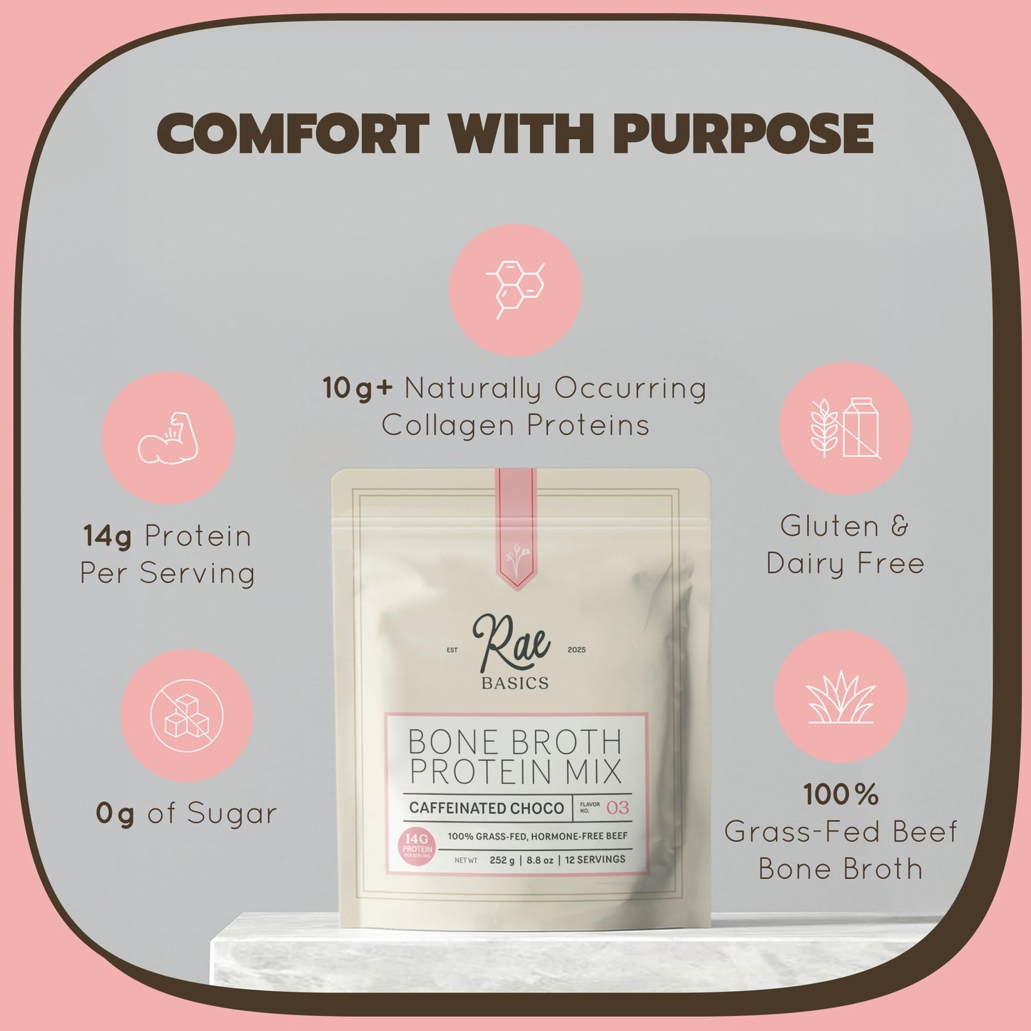 Rae Basics Bone Broth Hot Chocolate Protein Powder Starter with Caffeine, 12 Servings