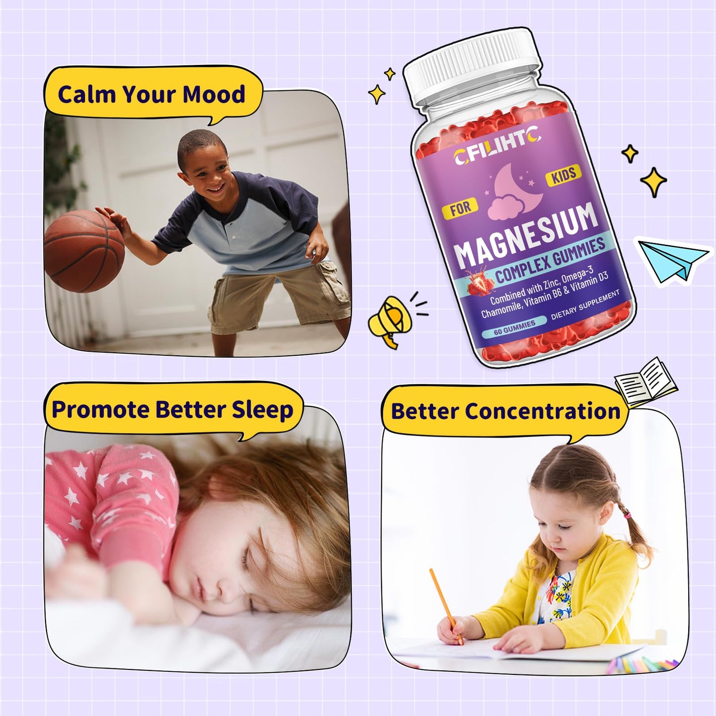CFILIHTC Magnesium Glycinate Gummies for Kids, 60 Count