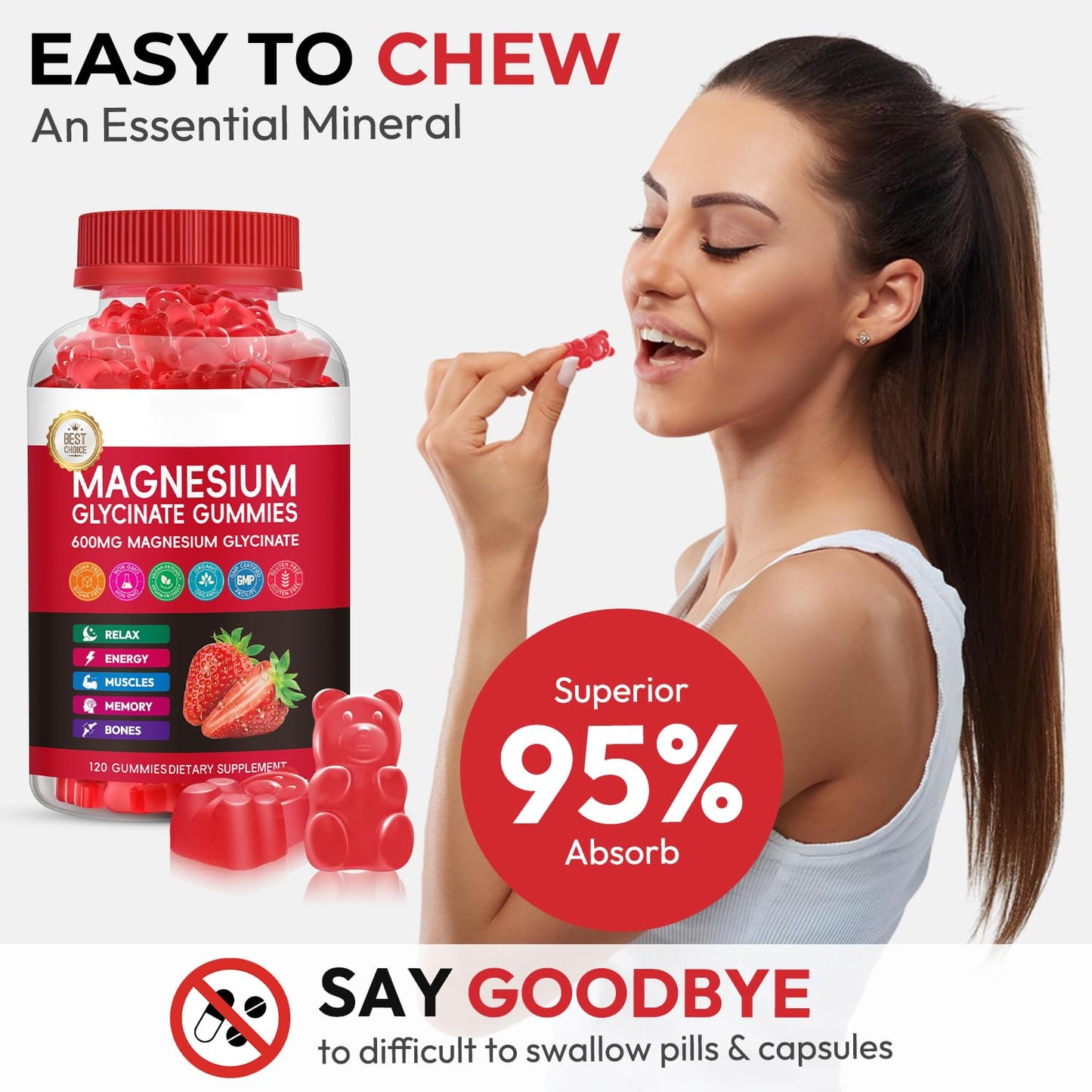 Xytora Magnesium Glycinate Gummies, High Absorption Magnesium Complex, Strawberry, 120 Gummies