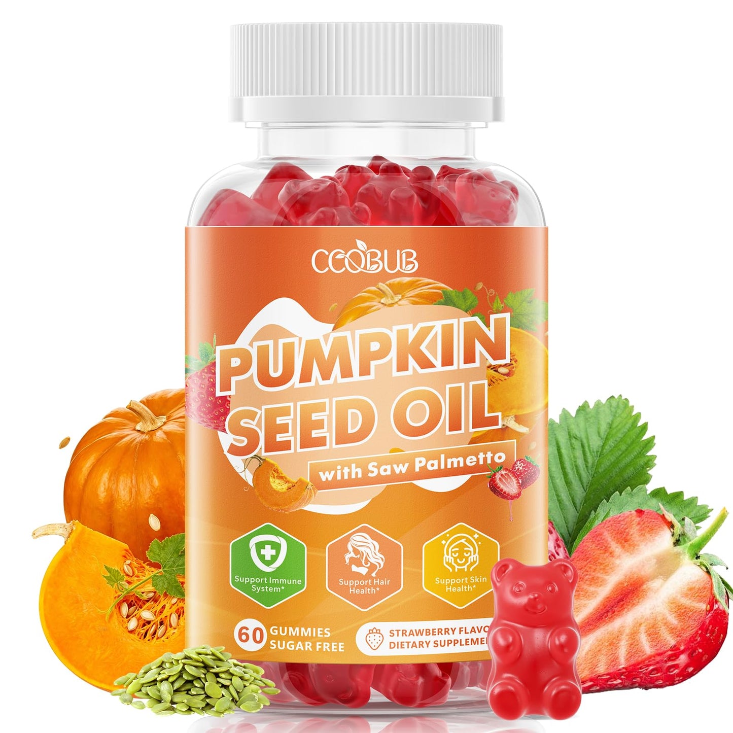CCOBUB Pumpkin Seed Oil Gummies with Saw Palmetto Strawberry Flavor Gummy 60 Count