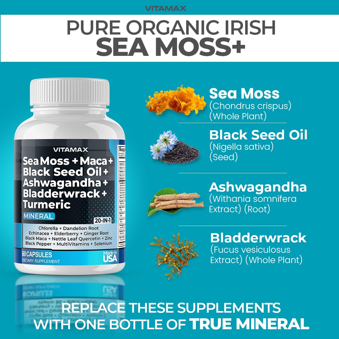 Vitamax Pure Himalayan Shilajit Supplement with Sea Moss, Ashwagandha, Bladderwrack, Ginkgo Biloba, Organic Capsules & Trace Minerals - Non-GMO - Vegan - Made in USA - 120 Capsules