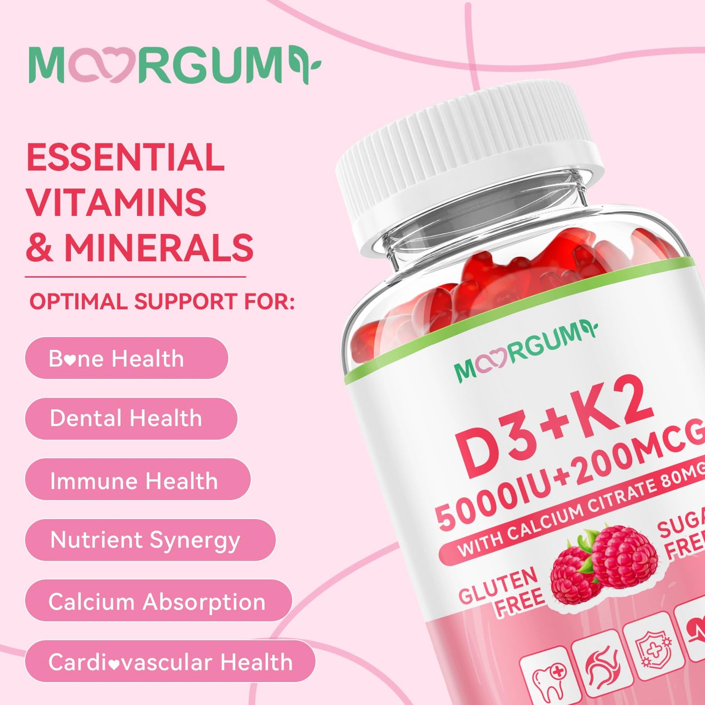 MOORGUMY Vitamin D3 K2 Gummies, 60 Count