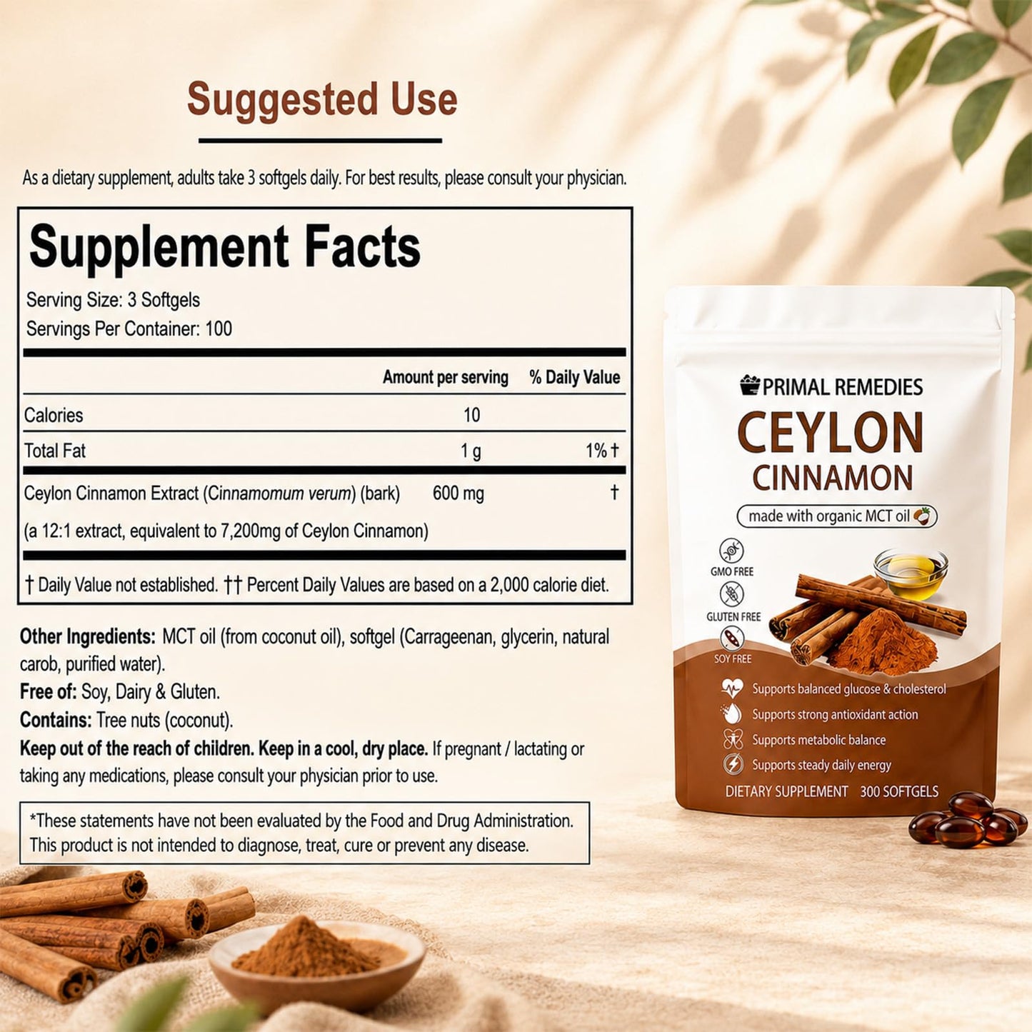 PynkLily Primal Remedies Ceylon Cinnamon Capsules with MCT Oil, 300 Capsules