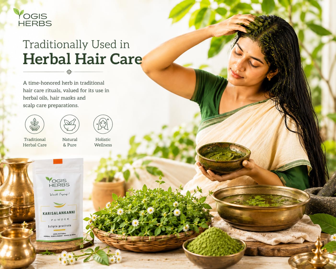 YOGIS HERBS Karisalankanni Powder, Bhringraj/Eclipta alba (False Daisy/Kesharaja - King of Hair) Traditional Ayurvedic Hair Care Powder, 8 oz