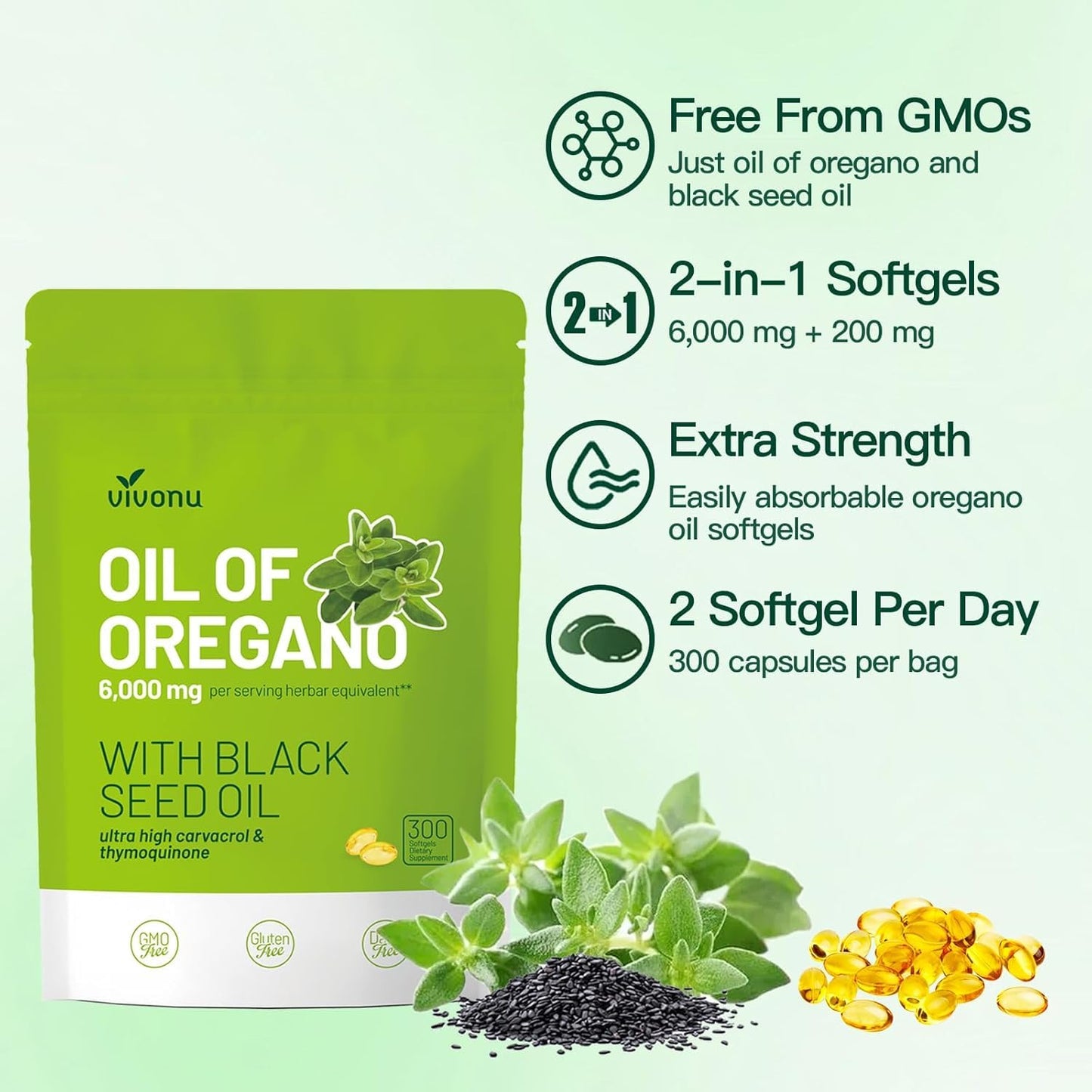 VivoNu Oil of Oregano with Black Seed Oil Capsules 900 Count