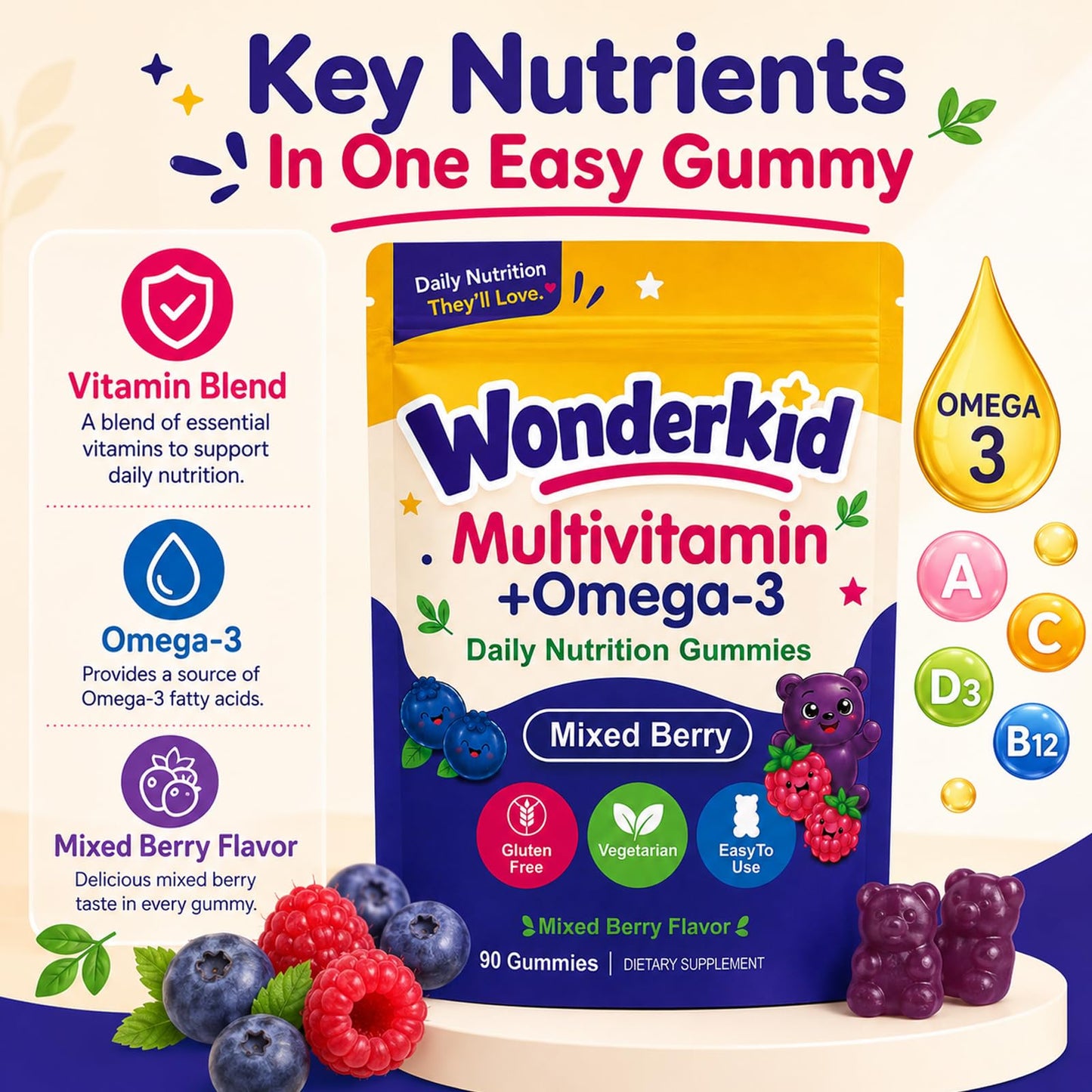 Pricyru Wonderkid Vitamin Kids Multivitamin Gummies + Omega-3, 90 Count