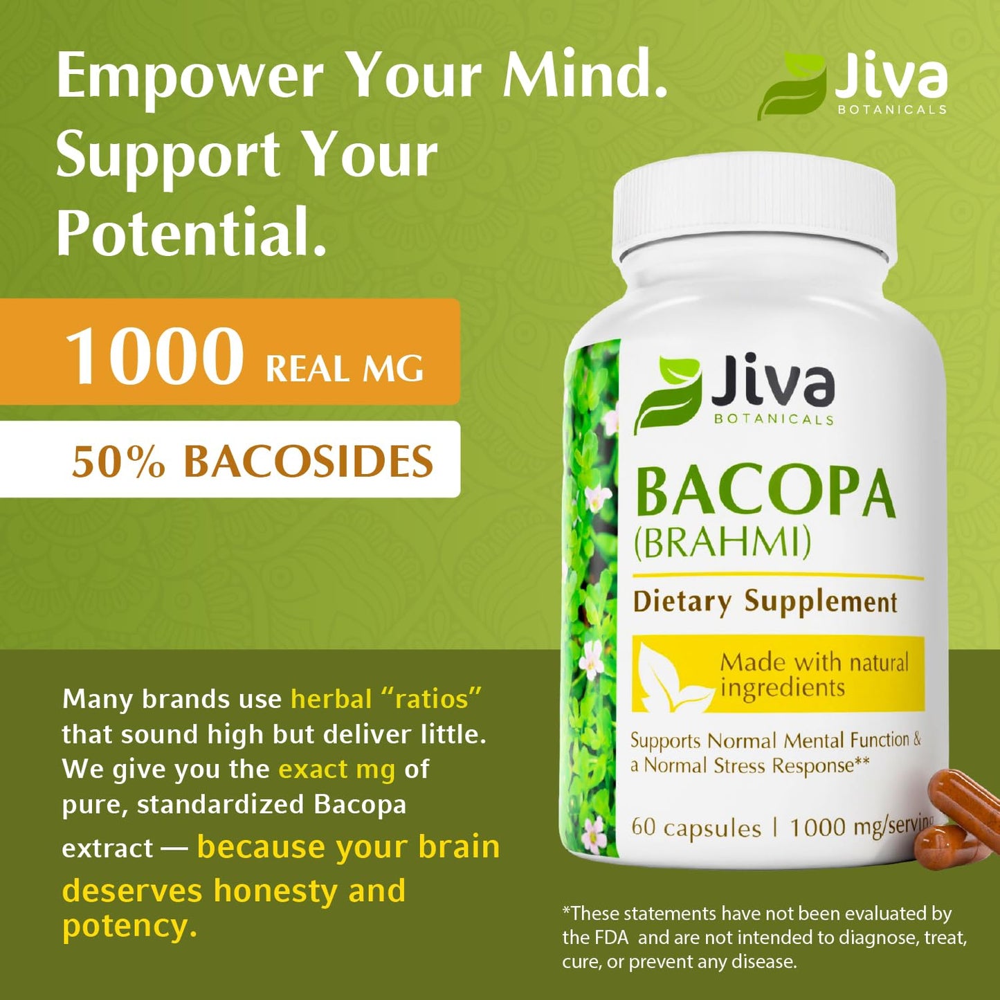 Jiva Botanicals Bacopa Monnieri Supplement Pure 1000mg per Serving Capsules, 60 Count