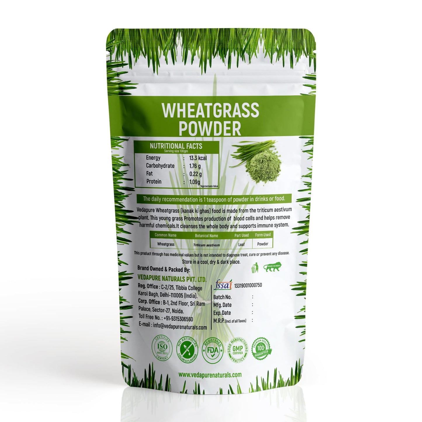 VEDAPURE Organic Wheat Grass Powder 3.53 Ounce