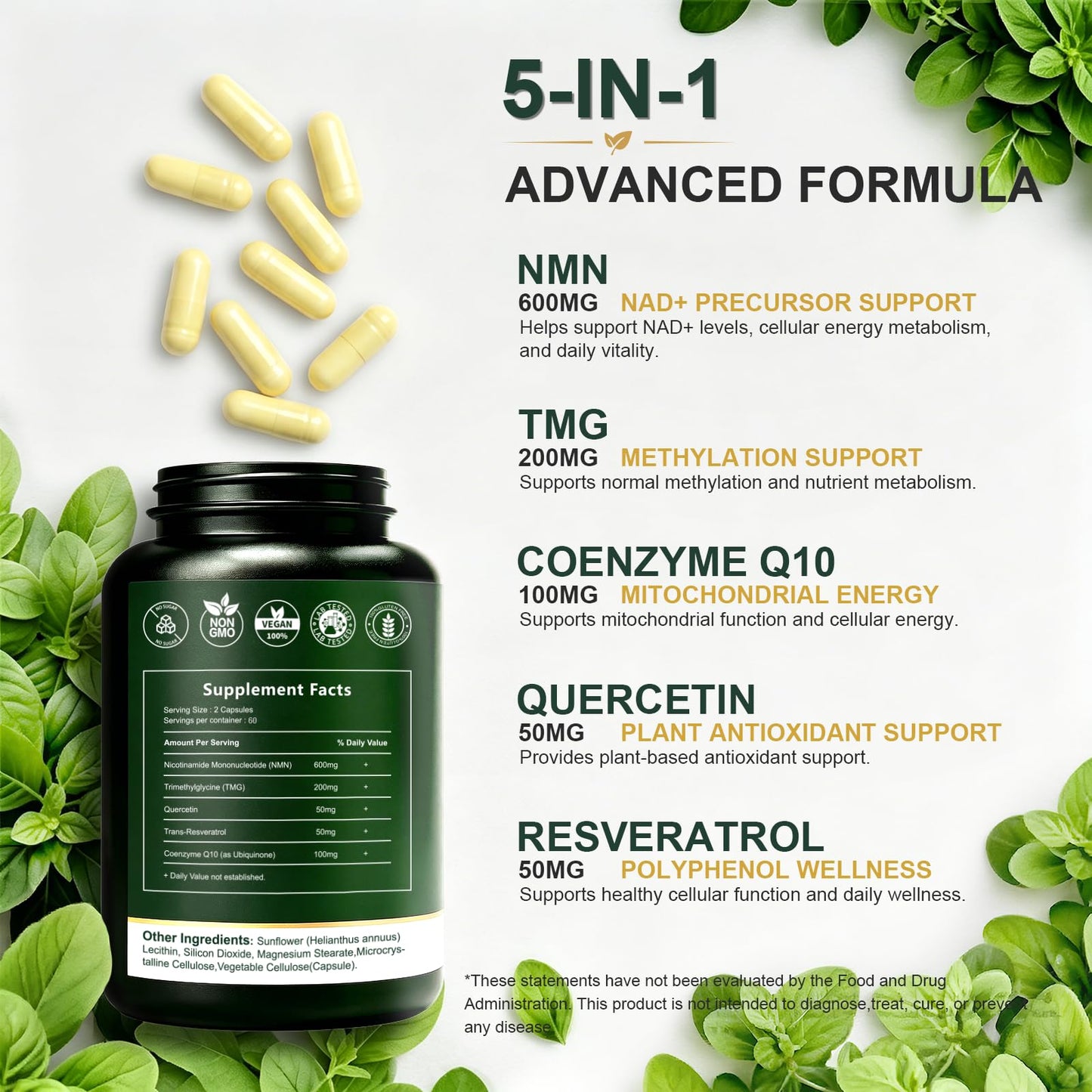 Leafgush NMN NAD+ Precursor Supplement, 1000mg 5-in-1 Complex (600mg NMN + TMG 200mg; Trans-Resveratrol, Quercetin, CoQ10), 120 Capsules