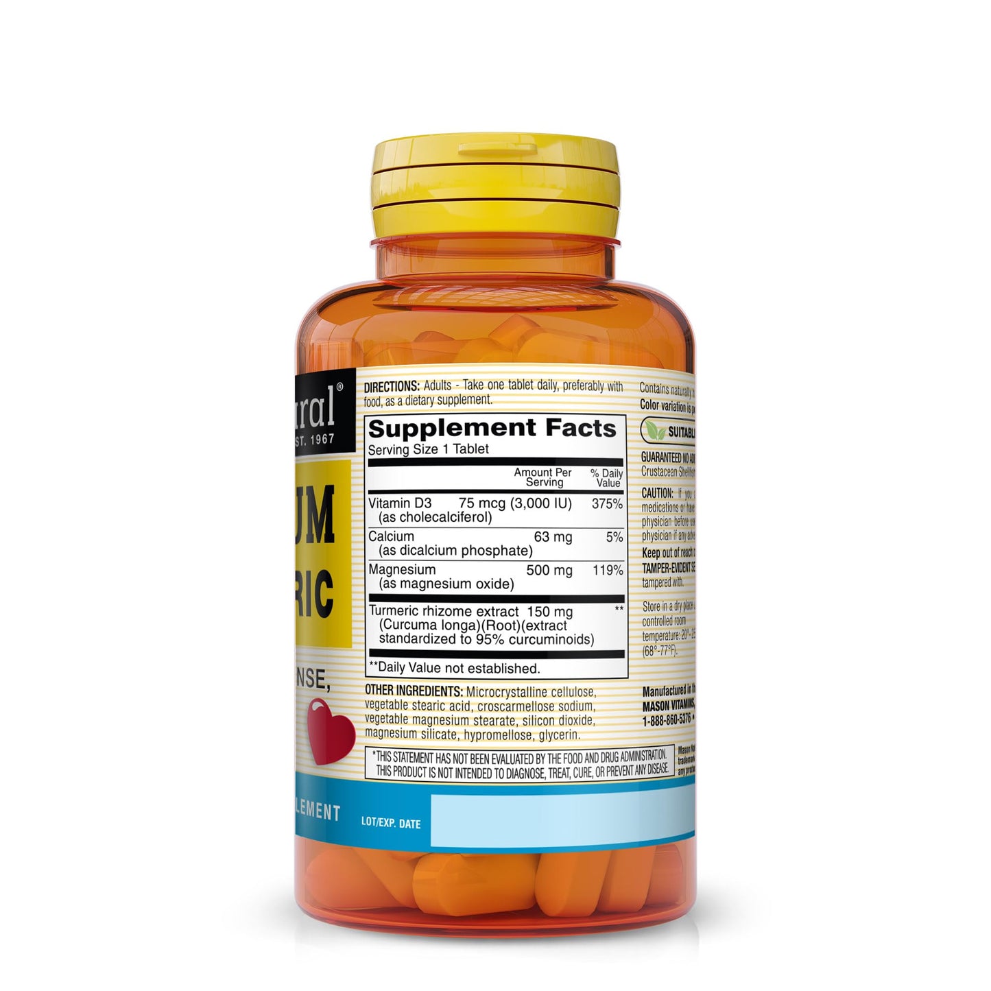 Mason Natural Magnesium & Vitamin D3 with Turmeric, 180 Tablets