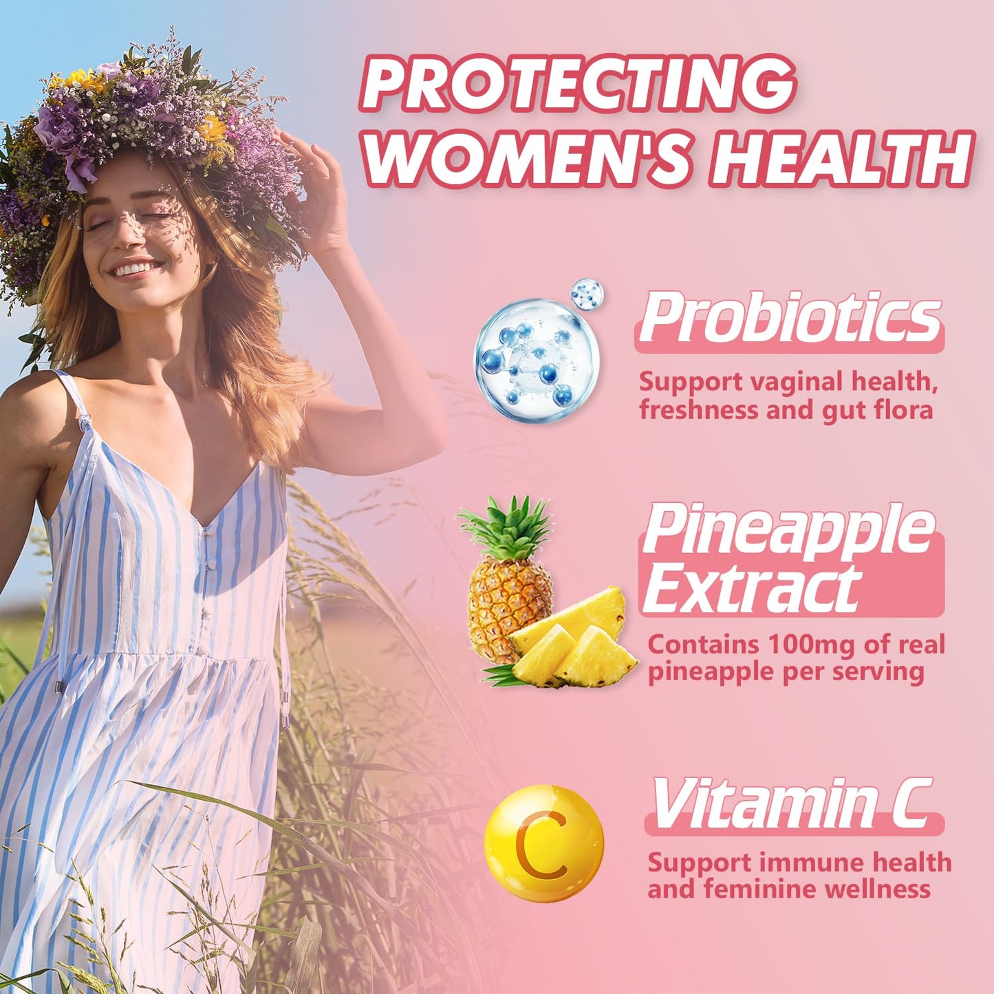 Skiseoy Pineapple Gummies for Women pH Balance with Probiotics and Vitamin C, Feminine Balance for Flora and Vaginal Health, Vegan Friendly, 90 Gummies