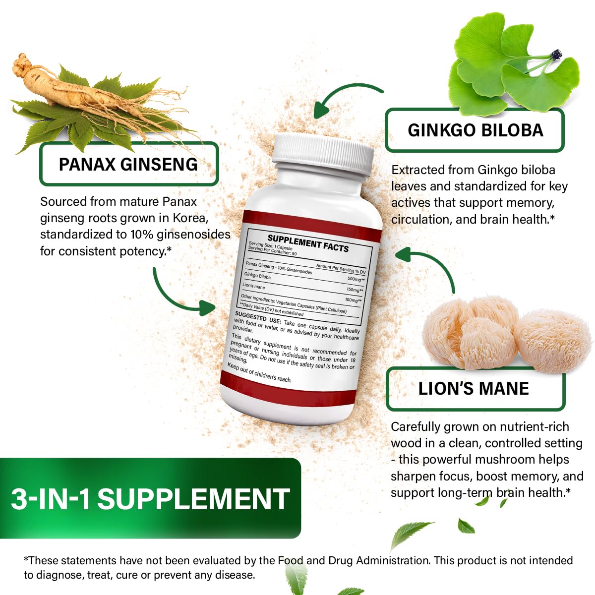 NooHerbal Nature Panax Ginseng (10% Ginsenosides), Ginkgo Biloba & Lions Mane - 750mg Nootropic Brain Support, 90 Capsules