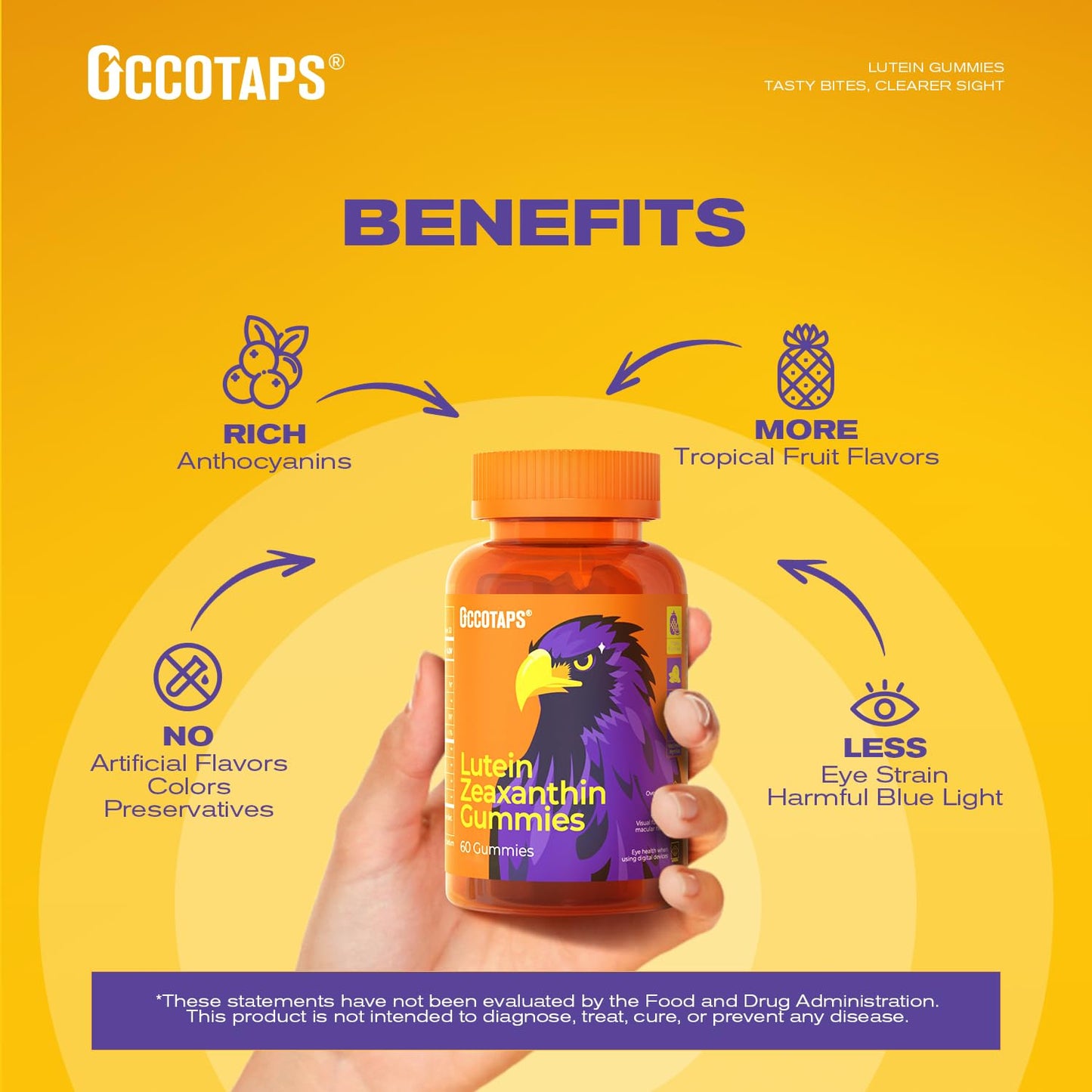 Occotaps Lutein & Zeaxanthin Eye Vitamins Gummies - 20mg Lutein, Sugar-Free, Bilberry Extract, Blue Light Support, Star-Shaped, 60 Count