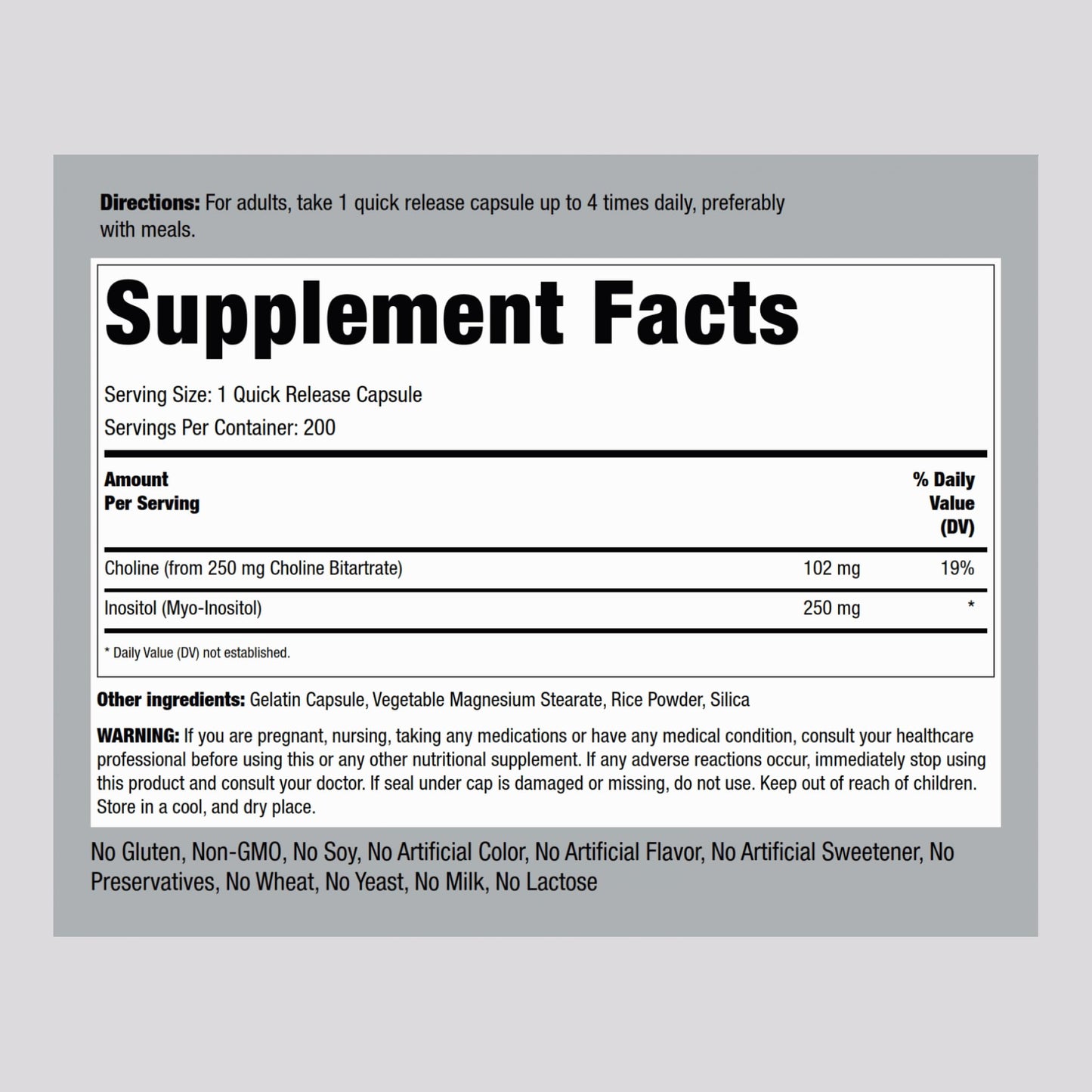 Piping Rock Choline Inositol Supplements Capsules 200 Count