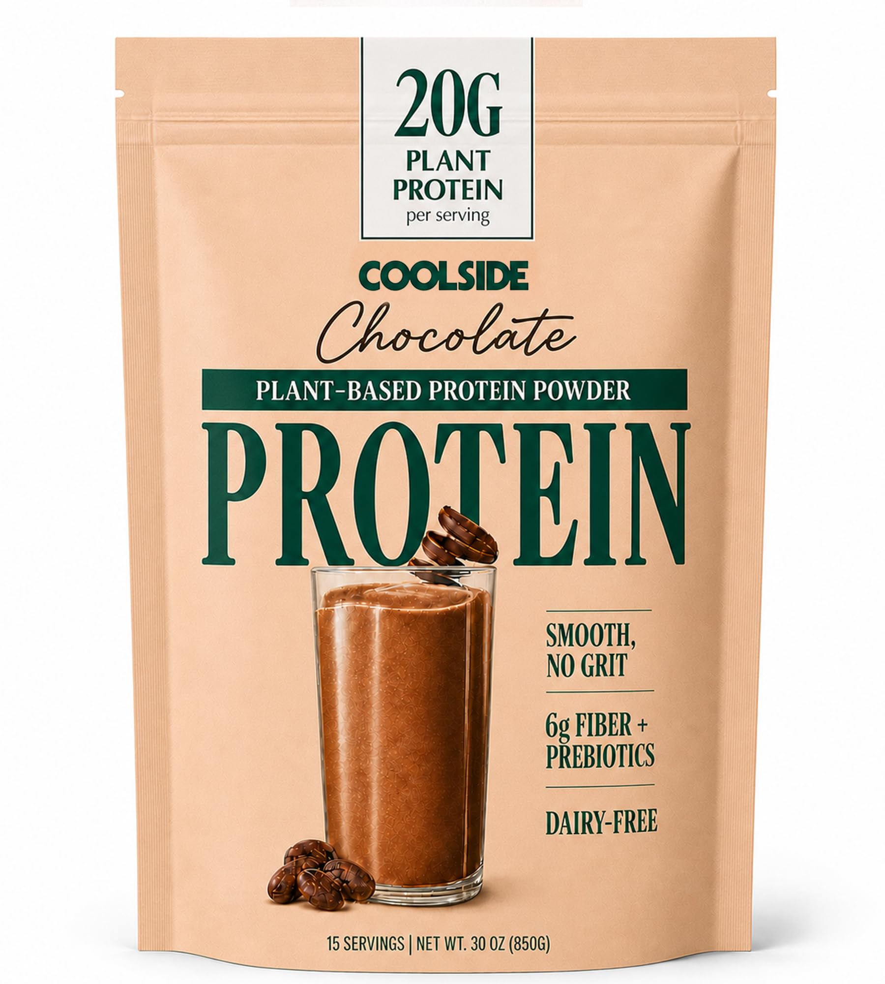 Coolside Clean Plant-Based Protein Powder with Probiotics, Chocolate, 30 Servings