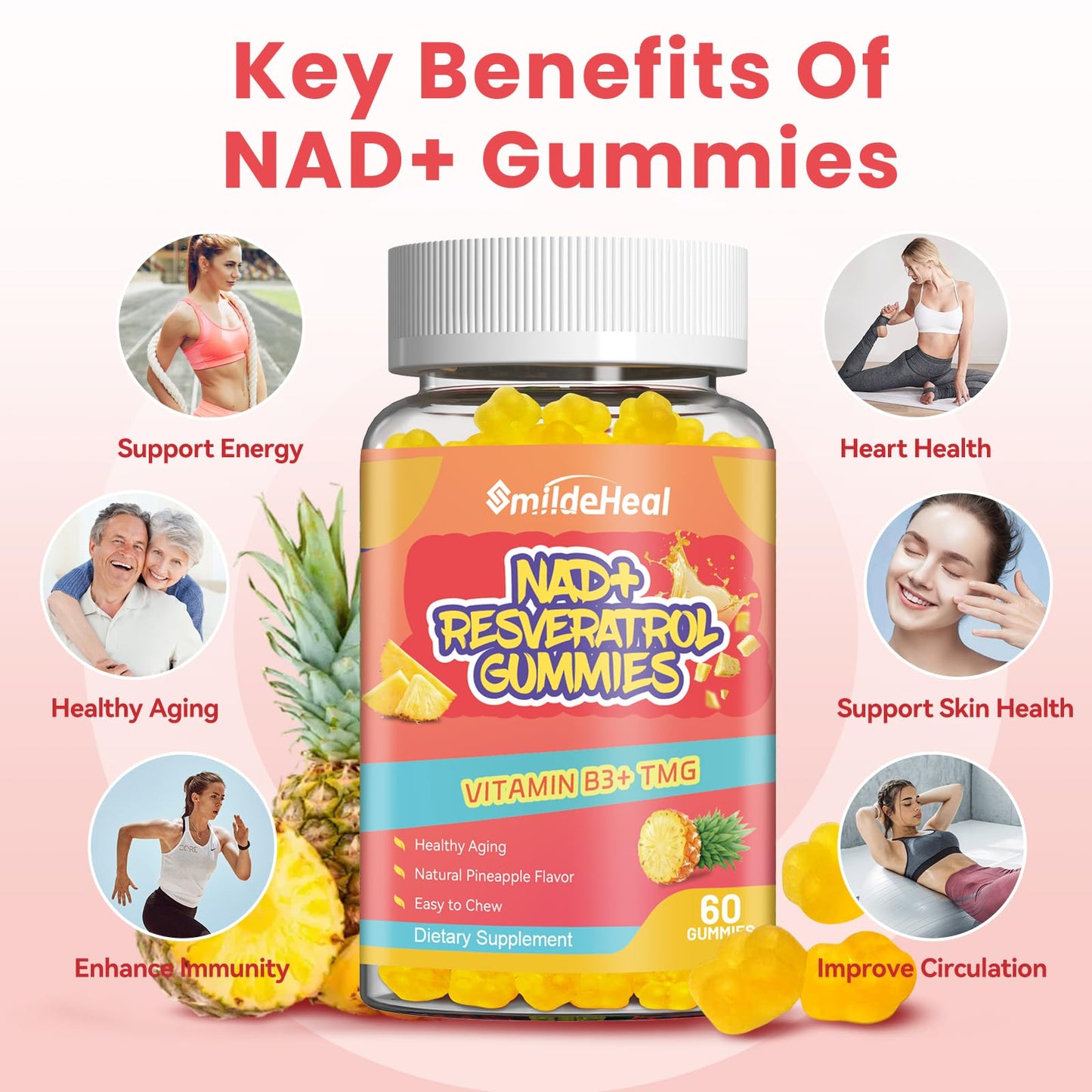 SmildeHeal NAD+ Resveratrol Gummies – NAD+ Supplement 500mg with Vitamin B3 & TMG – Healthy Aging, Energy & Cellular Health Support – Vegan Friendly, Natural Pectin – 60 Gummies