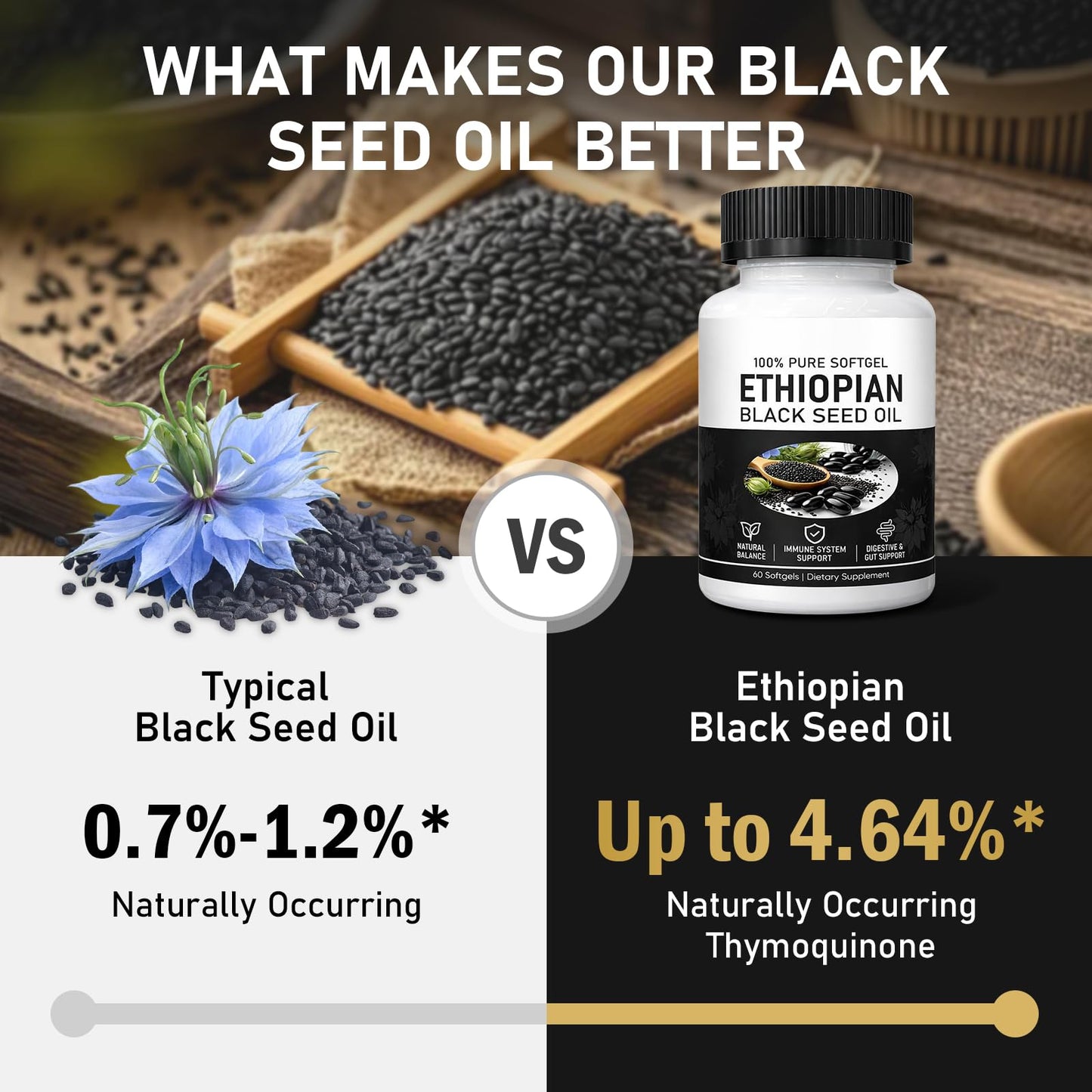 muoyid Ethiopian Black Seed Oil Capsules with 4.64% Thymoquinone, Immune Support & Digestion & Energy Booster, Capsule, 1 Count