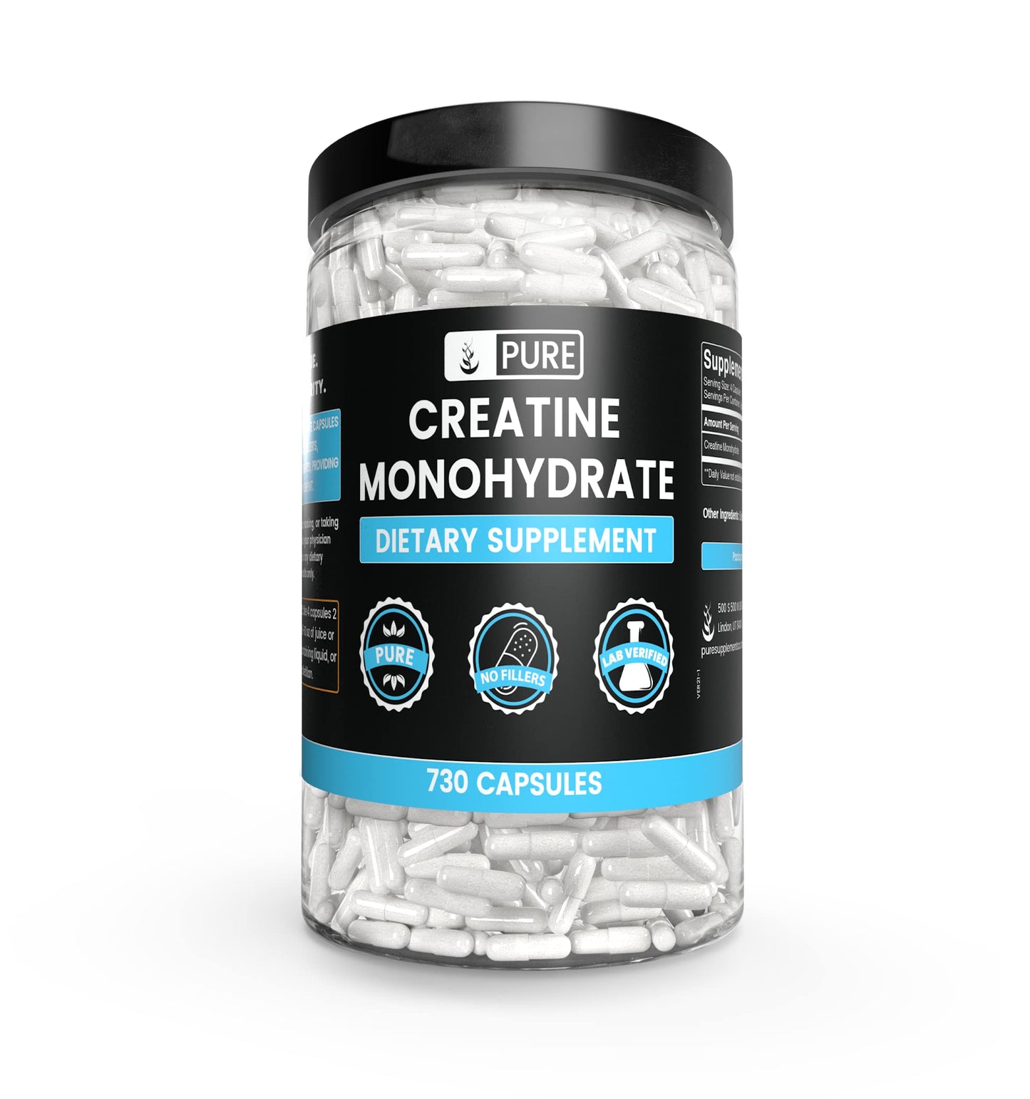 Pure Original Ingredients Creatine Monohydrate, BCAA, & L-Glutamine Capsules Bundle, 730 Capsules