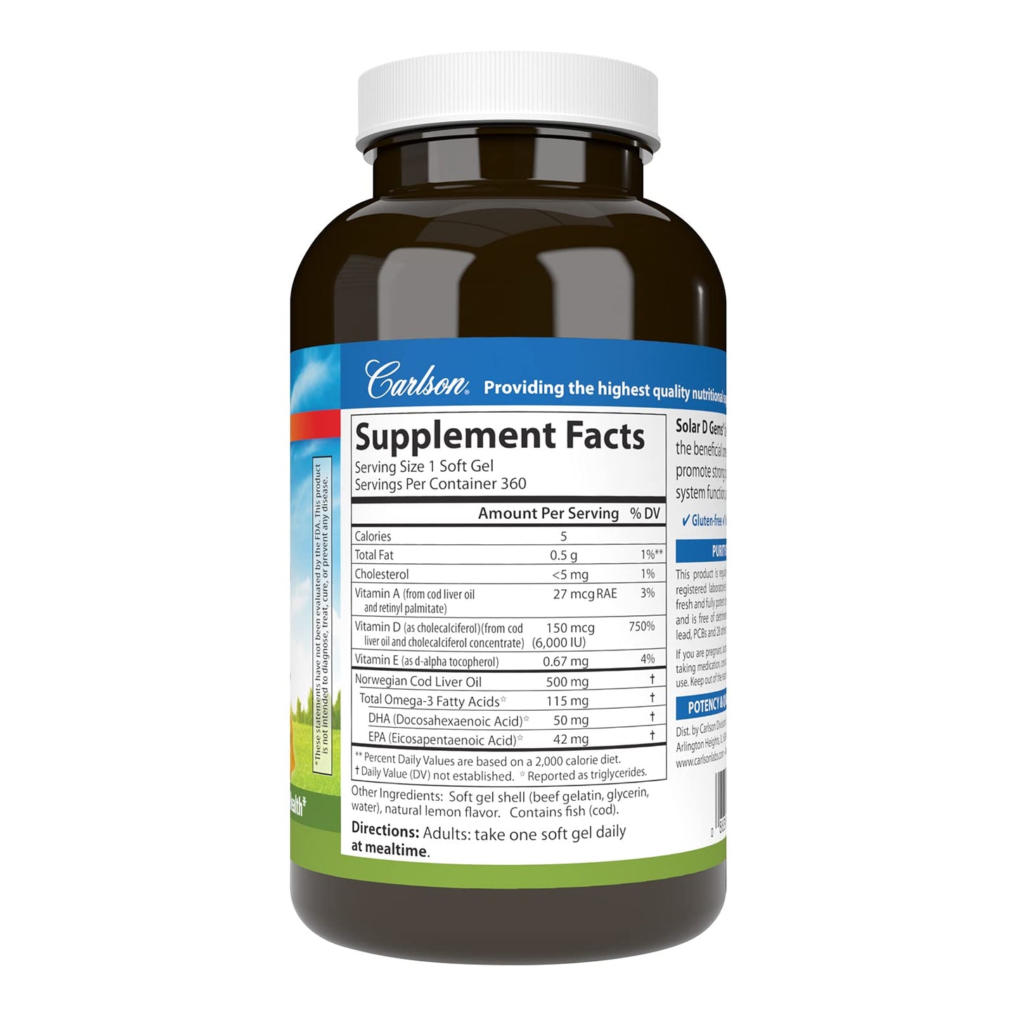 Carlson Solar D Gems Vitamin D3 and Omega-3 Supplement Softgels, 360 Softgels
