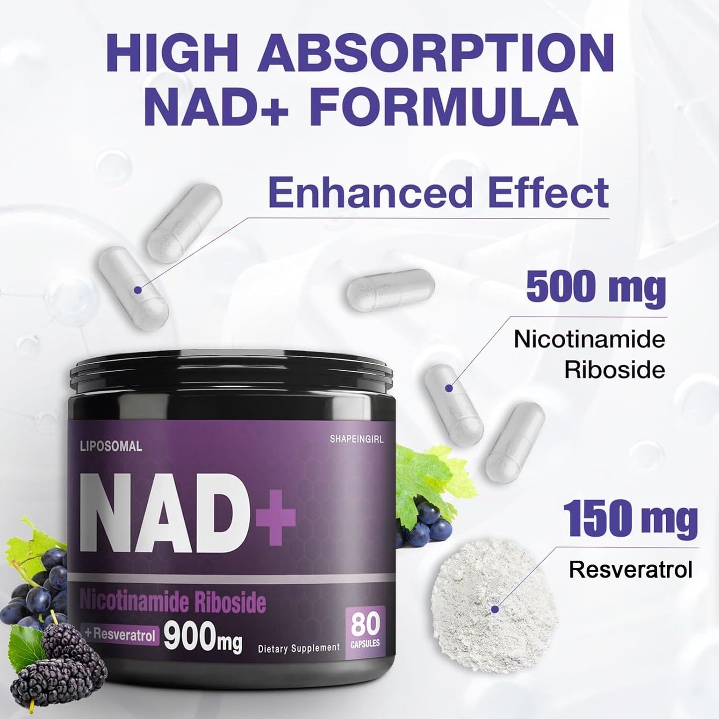 SHAPEINGIRL NAD Supplement Liposomal Nicotinamide Riboside Resveratrol 900mg, 240 Capsules