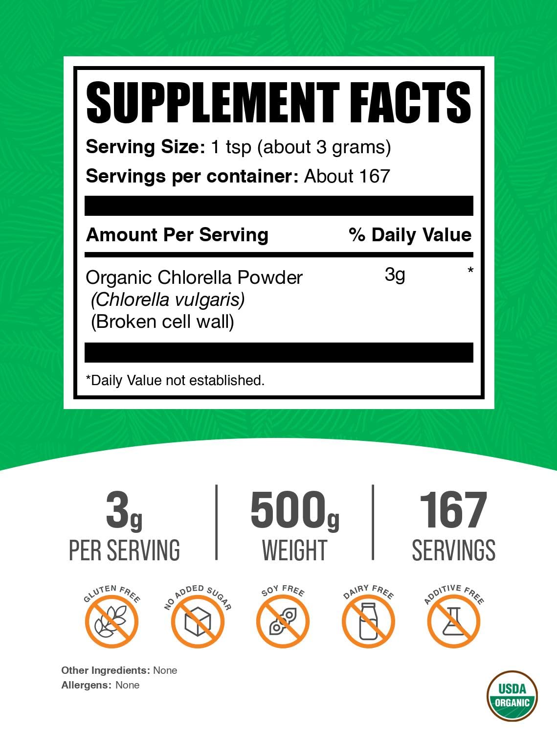 BulkSupplements Organic Chlorella Powder - Broken Cell Wall, Green Superfood, Gluten Free, 17.6 oz