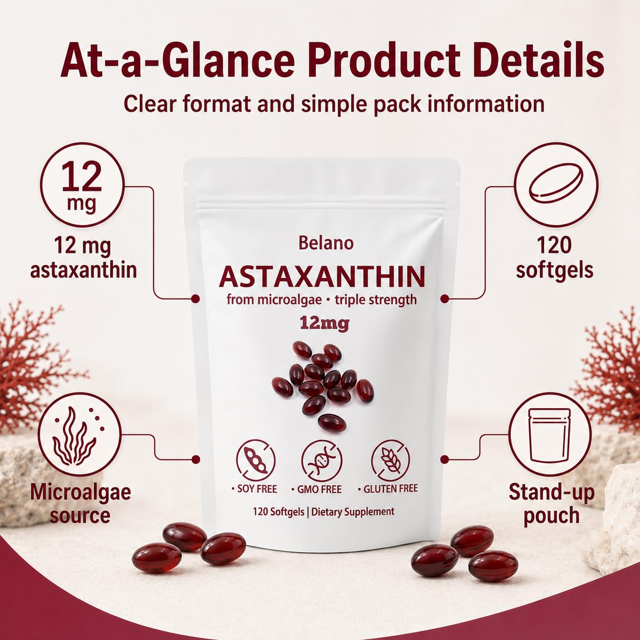 BELANO Nuvapure Astaxanthin 12 mg Softgels, 120 Count