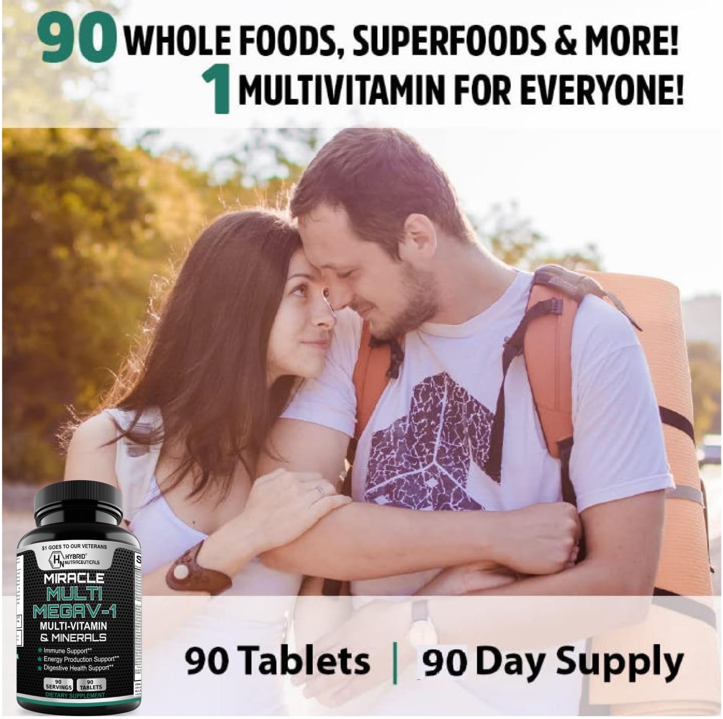 Hybrid Nutraceuticals MEGAV-1 Multi-Vitamin, Superfood & Minerals - Daily Multivitamin with Probiotics, Digestive Enzyme, Mushroom Complex for Heart Health, Immune Support, Energy & Stamina, 180 Tablets