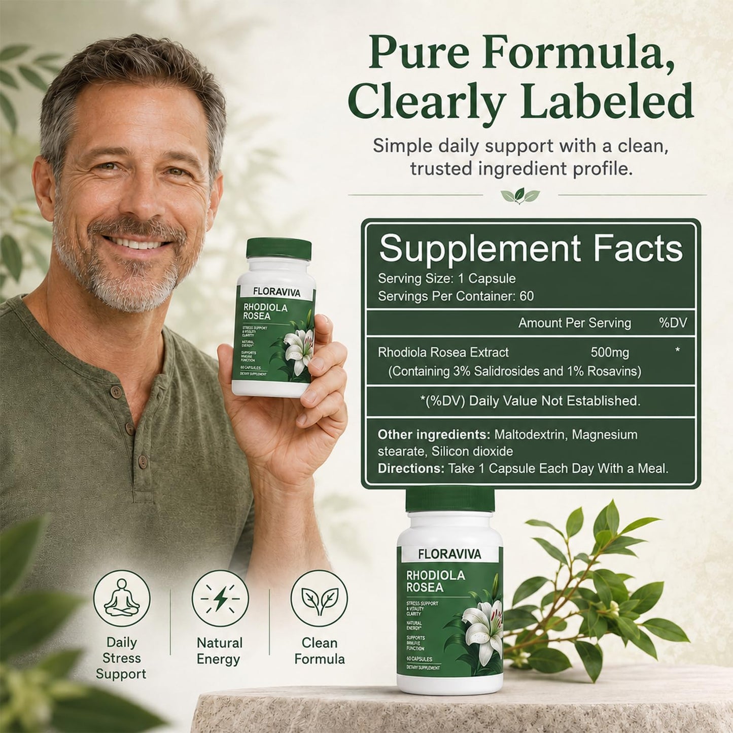 NO BALD Floraviva Rhodiola Rosea Supplement Capsule, 60 Count