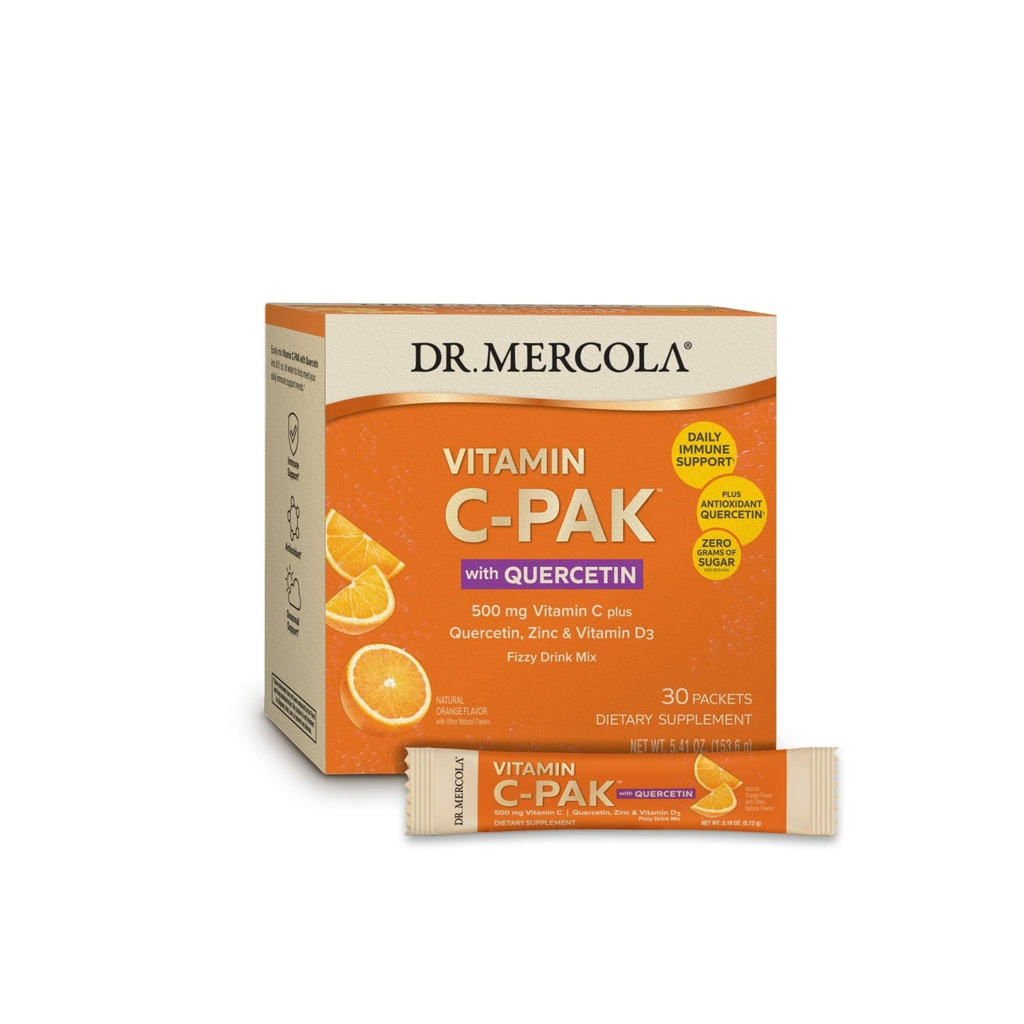 Dr. Mercola Vitamin C-PAK with Quercetin Daily Immune Support Drink, Zinc & Vitamin D3 Blend, Gluten-Free, Effervescent Powder, 5.41 oz