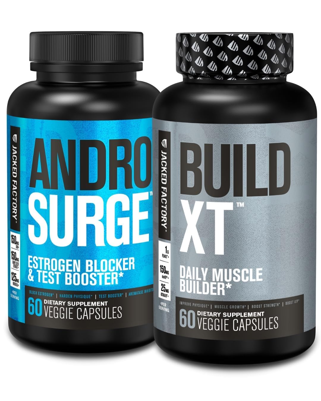 Jacked Factory Androsurge Estrogen Blocker & Testosterone Booster for Men & Build-XT Daily Muscle Builder & Performance Enhancer, 120 Capsules