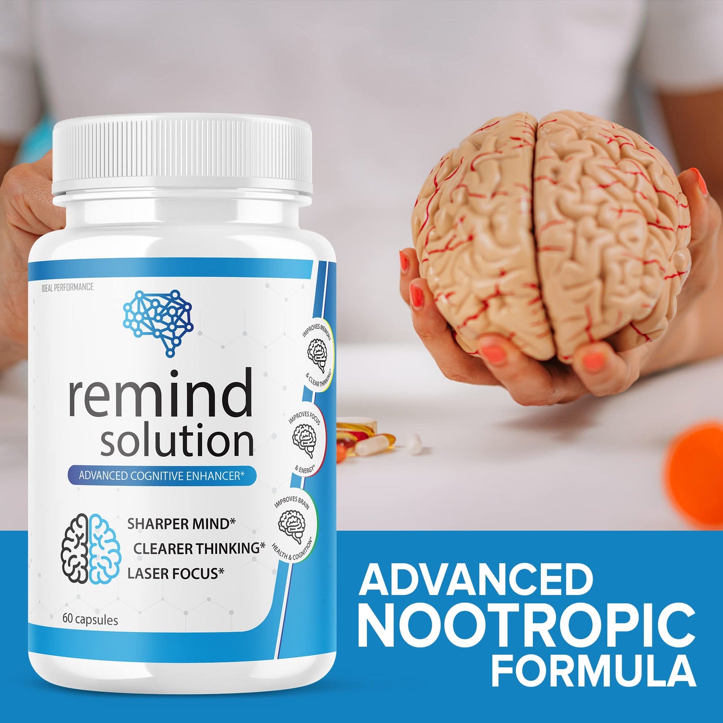 Ideal Performance Remind Solution for Memory Advanced Cognitive Brain Health Function Focus Max Concentration Recall Supplement Capsules, 60 Count