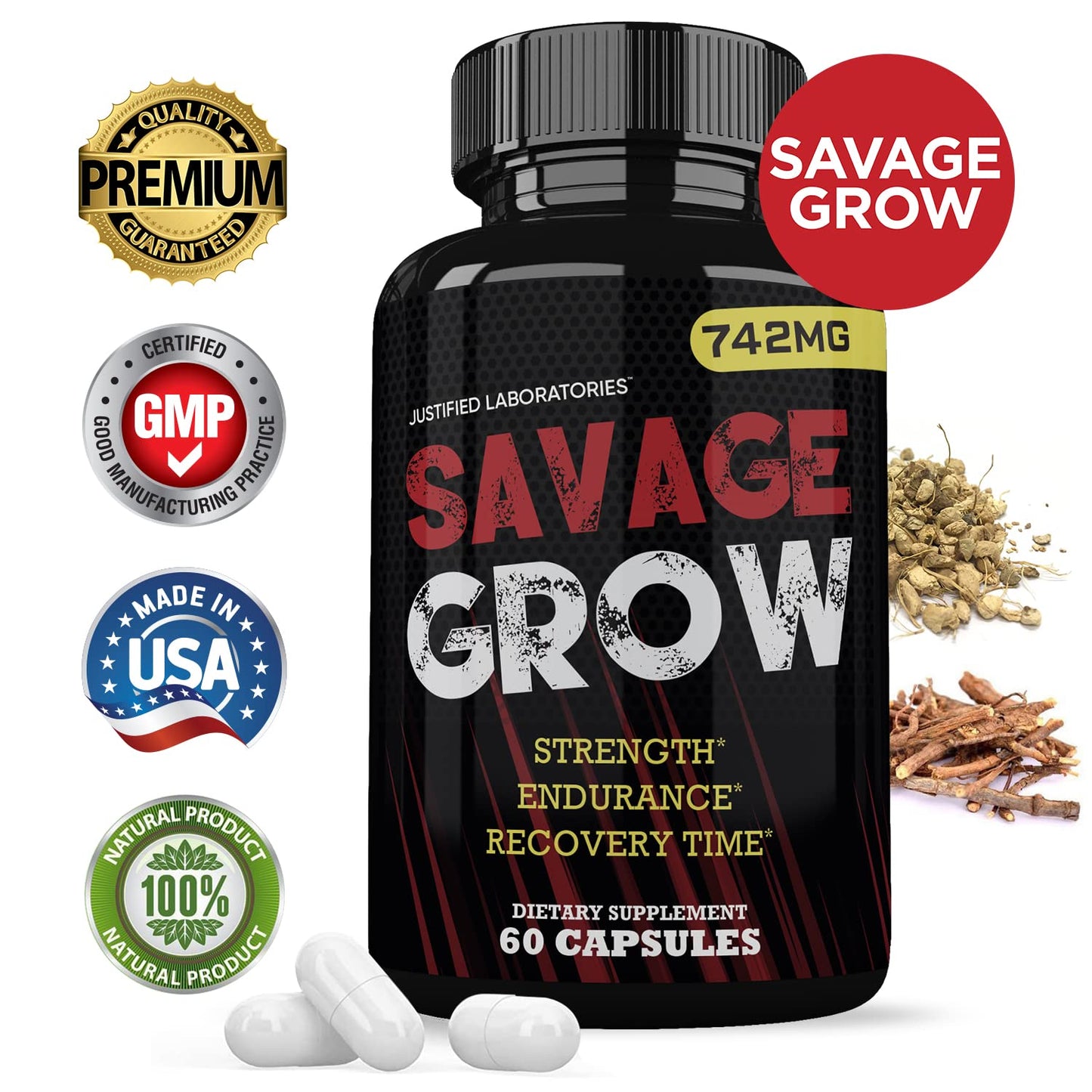 Justified Laboratories Savage Grow 742MG All Natural Advanced Men's Health Formula 180 Capsules