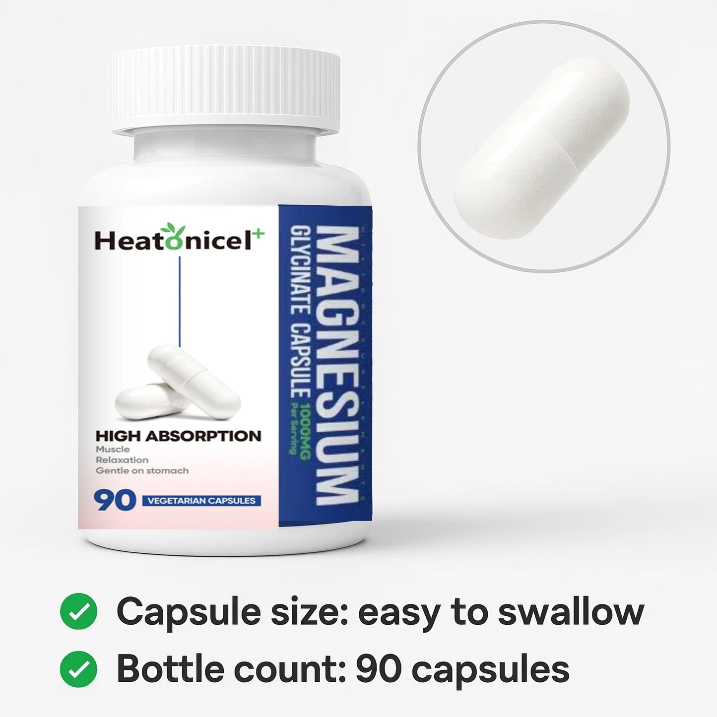 Heatonicel Magnesium Glycinate 400mg Capsules, Chelated Gentle Supplement for Stress Relief, Heart & Muscle Support, Non-GMO & Gluten Free, 90 Capsules