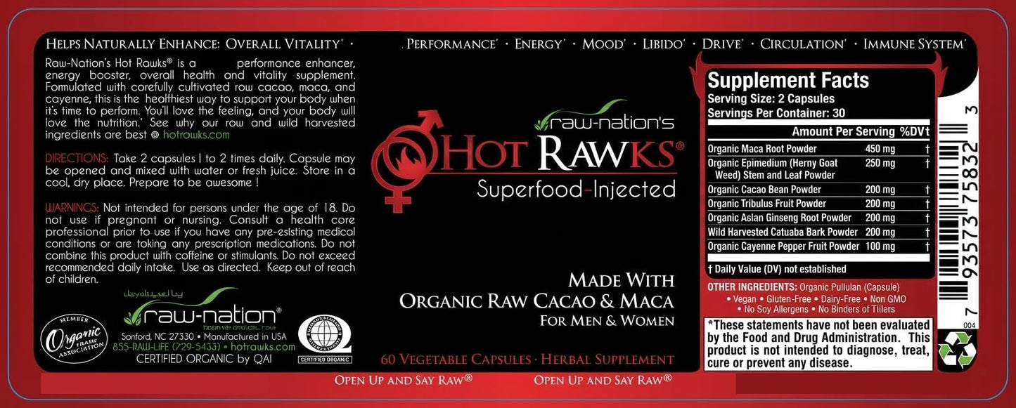 Hot Rawks RAW-NATION'S Organic Maca Root Supplement Capsules, 60 Count