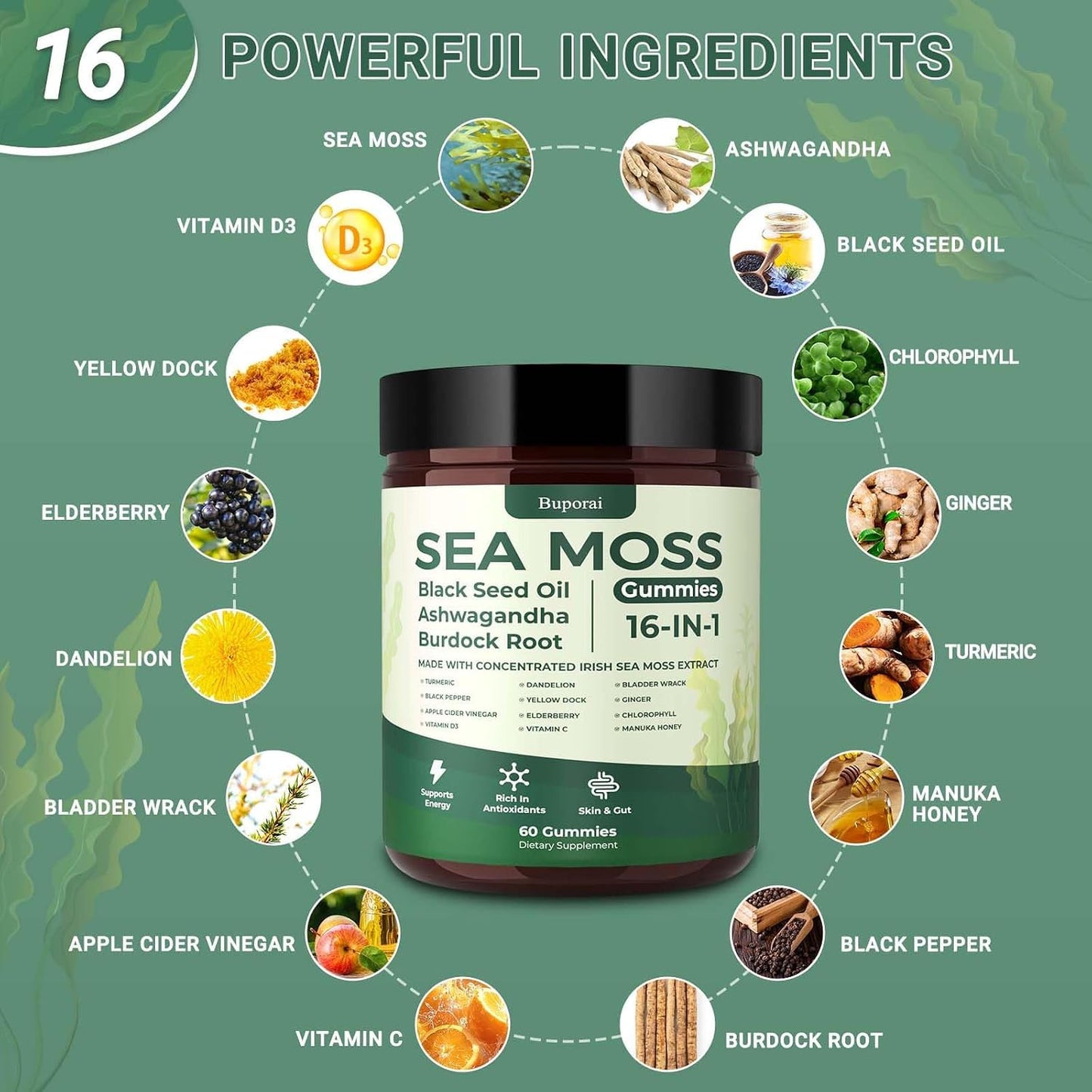 Buporai Sea Moss Gummies 60 Count