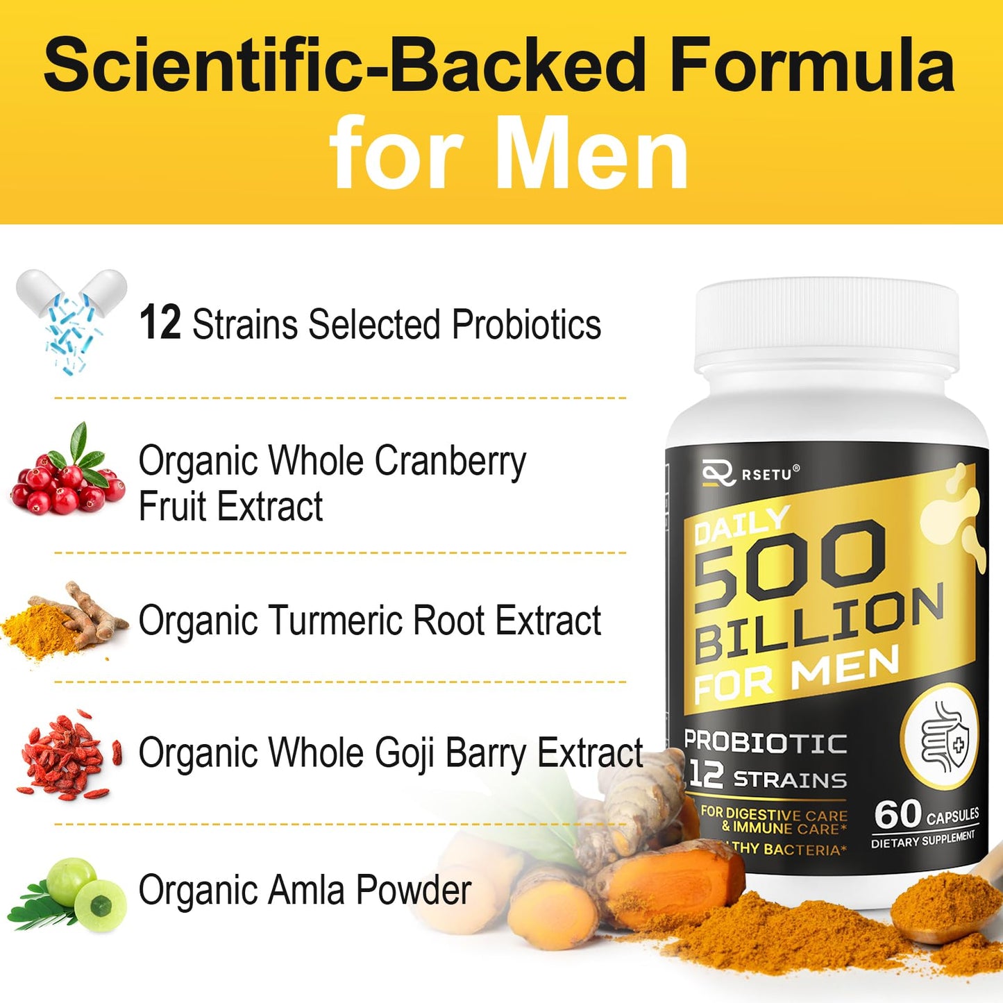 RSETU Probiotics for Men, 500 Billion CFUs & 12 Strains, 240 Capsules