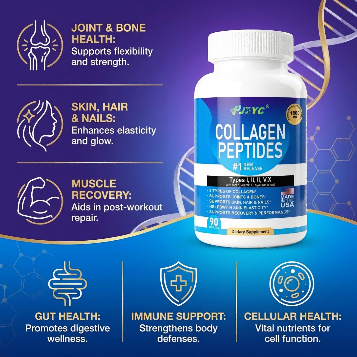 PJRYC Multi Collagen Peptides for Women & Men, 180 Capsules