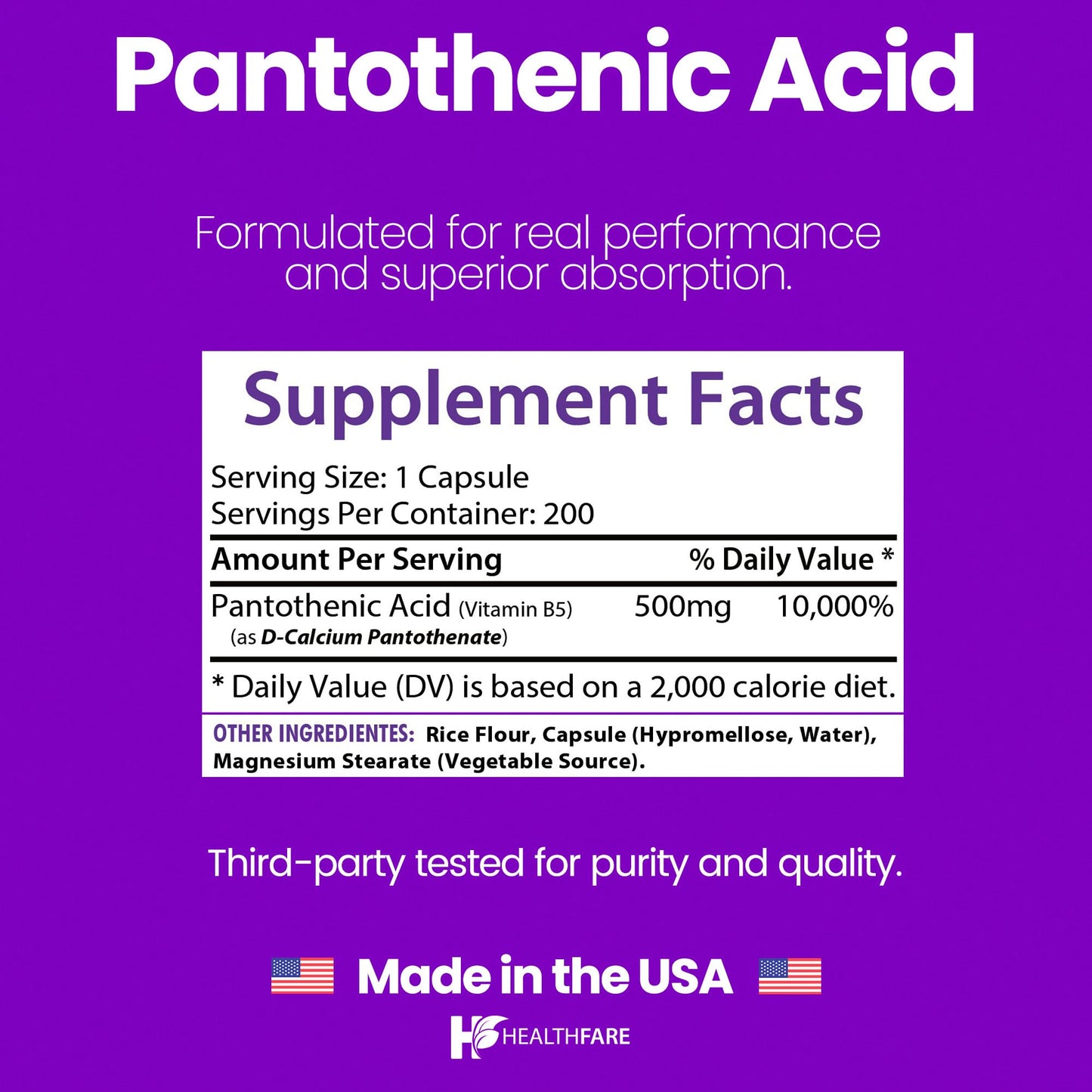 Healthfare Pantothenic Acid 500mg Vitamin B5 Supplement Capsules 200