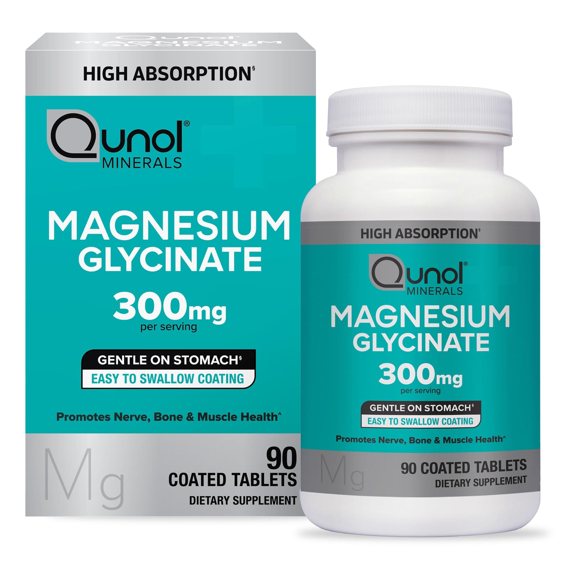 Qunol Magnesium Glycinate 300mg, 100% Glycinate Chelated Magnesium Supplement, 90 Tablets