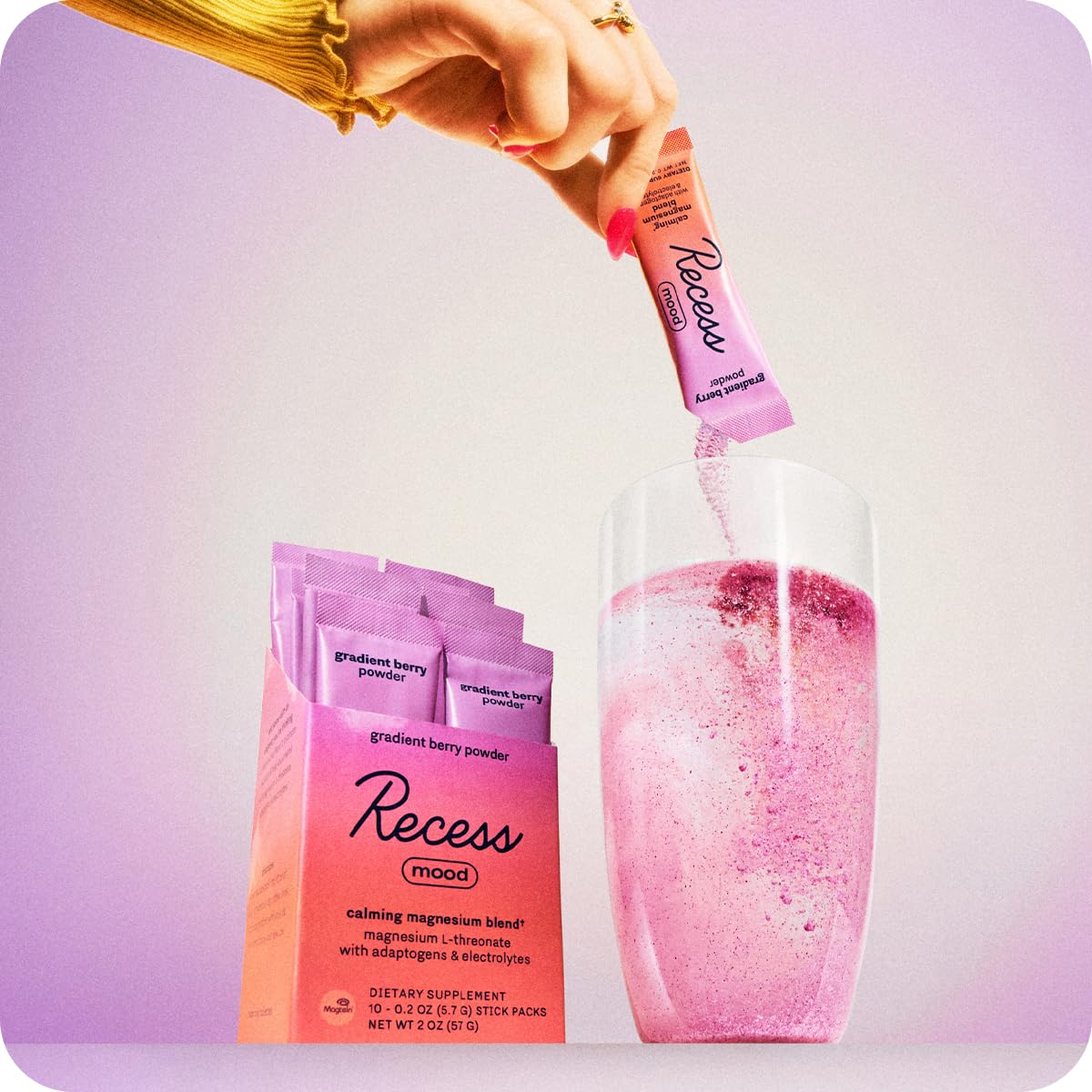 Recess Mood Powder Calming Magnesium L-Threonate Blend with Passion Flower, L-Theanine, Electrolytes, Magnesium Calm Support Supplement, 2 x 0.2 oz