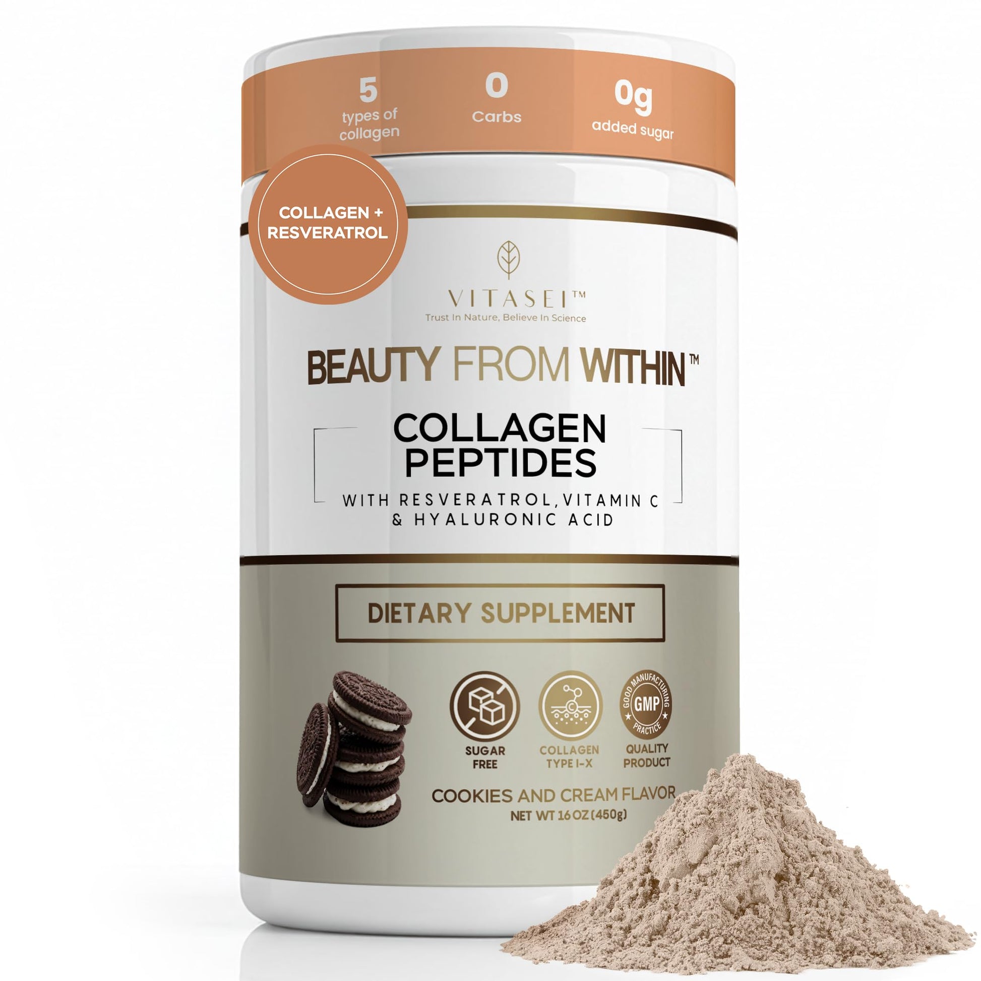 VITASEI Hydrolyzed Collagen Peptides Powder with Resveratrol & Vitamin C – Hair, Skin & Joint Support – Cookies & Cream Flavor, 16 oz