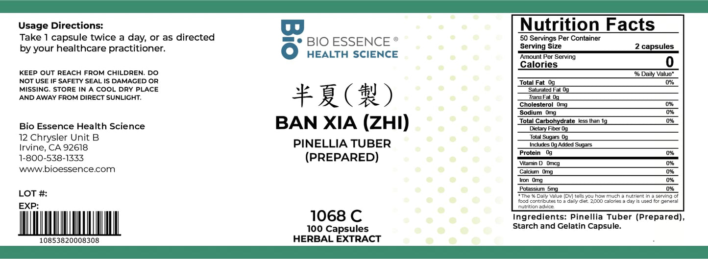Bio Essence Health Science 1068C Ban Xia (Zhi), Pinellia (Prepared) Capsules, 100 Capsules