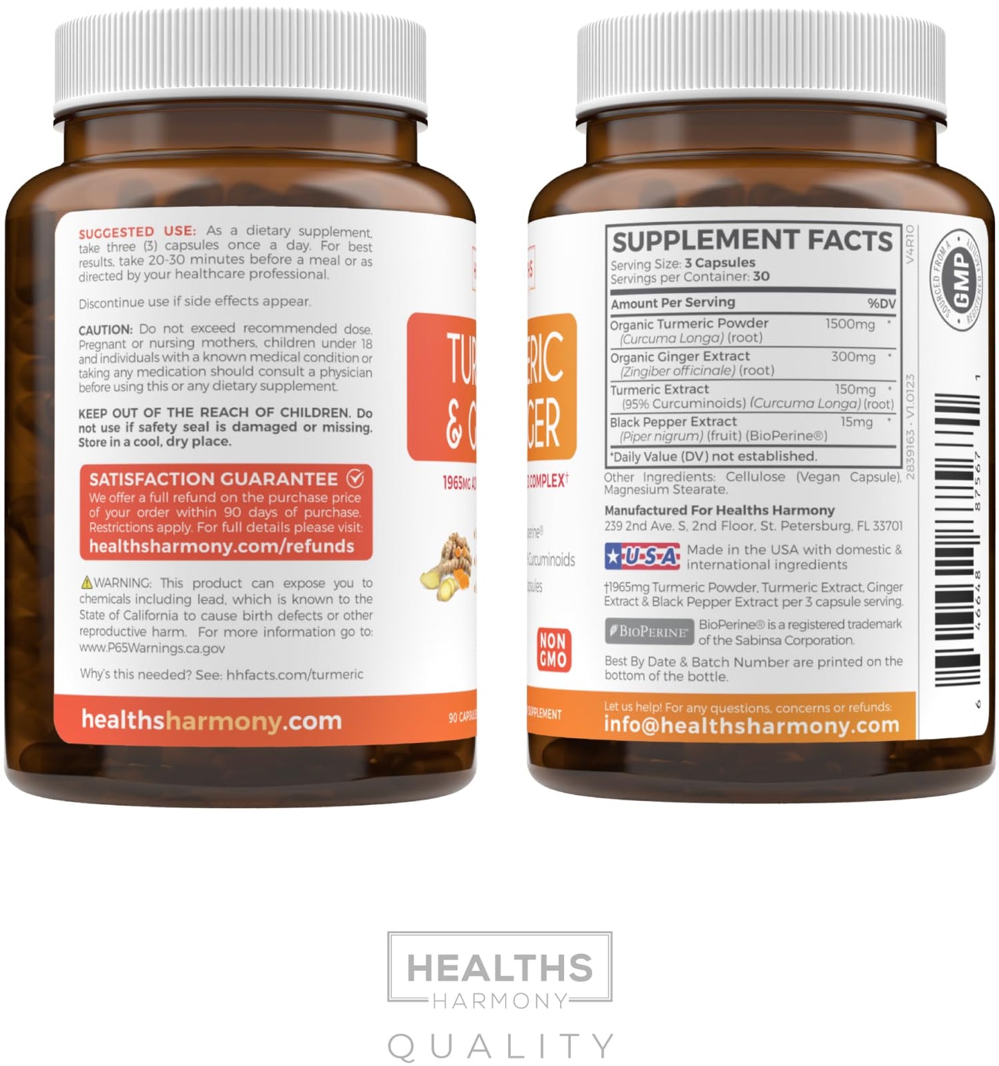 Healths Harmony Turmeric and Ginger Supplement Capsules 90 Count