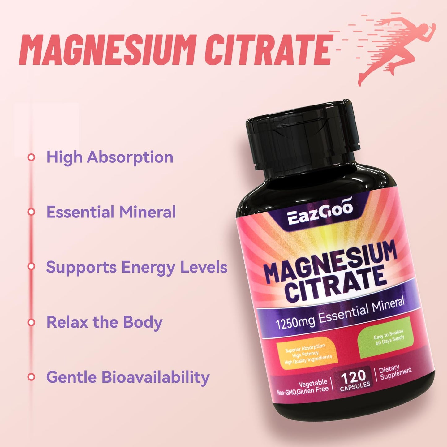EAZGOO Magnesium Citrate 1250mg Capsules, 120 Capsules