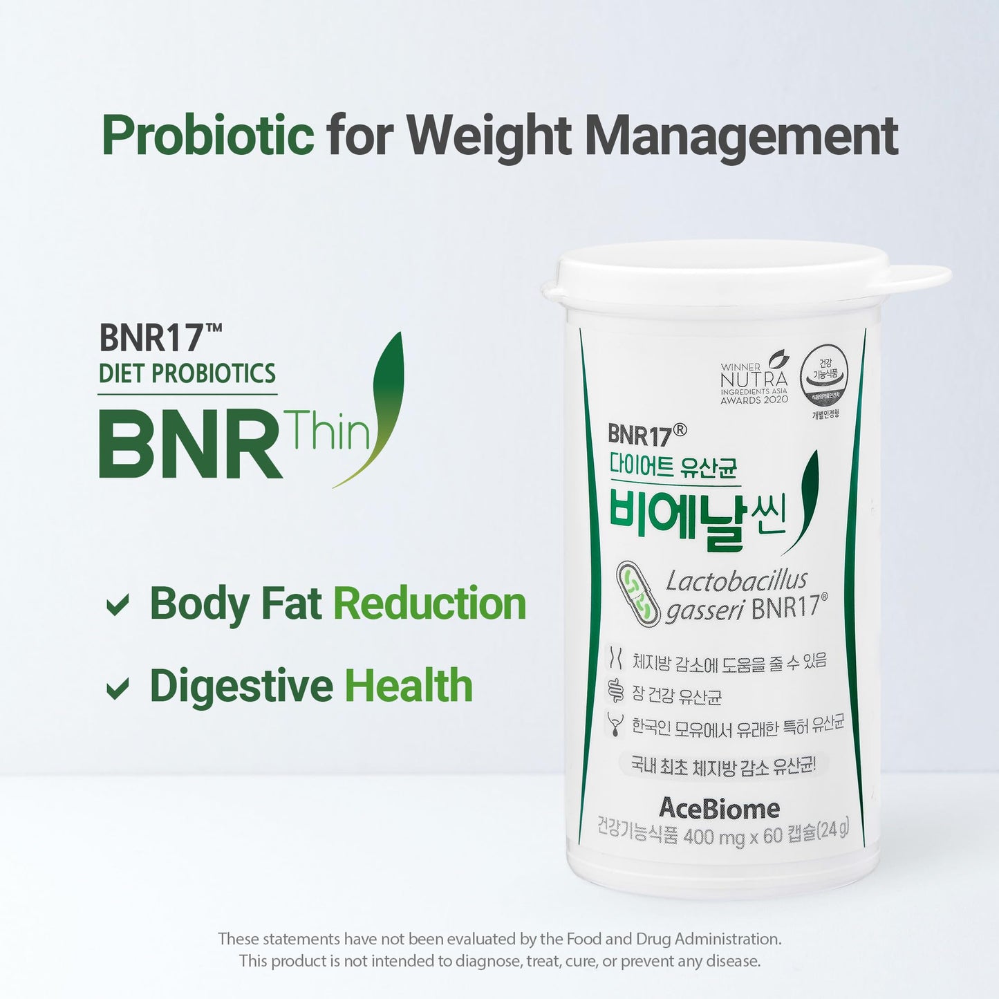 AceBiome BNRThin Probiotic Capsule, Lactobacillus gasseri BNR17, 10 Billion CFU Guaranteed, Digestive Health, 180 Capsules