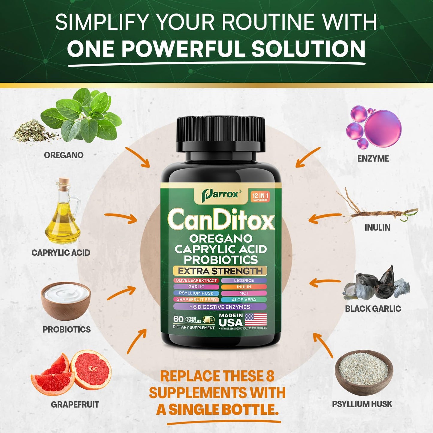 Parrox Canditox Cleanse Capsules, 15-in-1 Gut & Detox, Oregano 180 Capsules